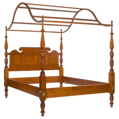 Traditional Stained Tiger Maple Carved Four Poster Bed with a Paneled Headboard
