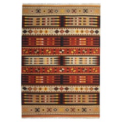 Traditional Striped Kilim Geometric Brown Rust Wool Kilim Rug