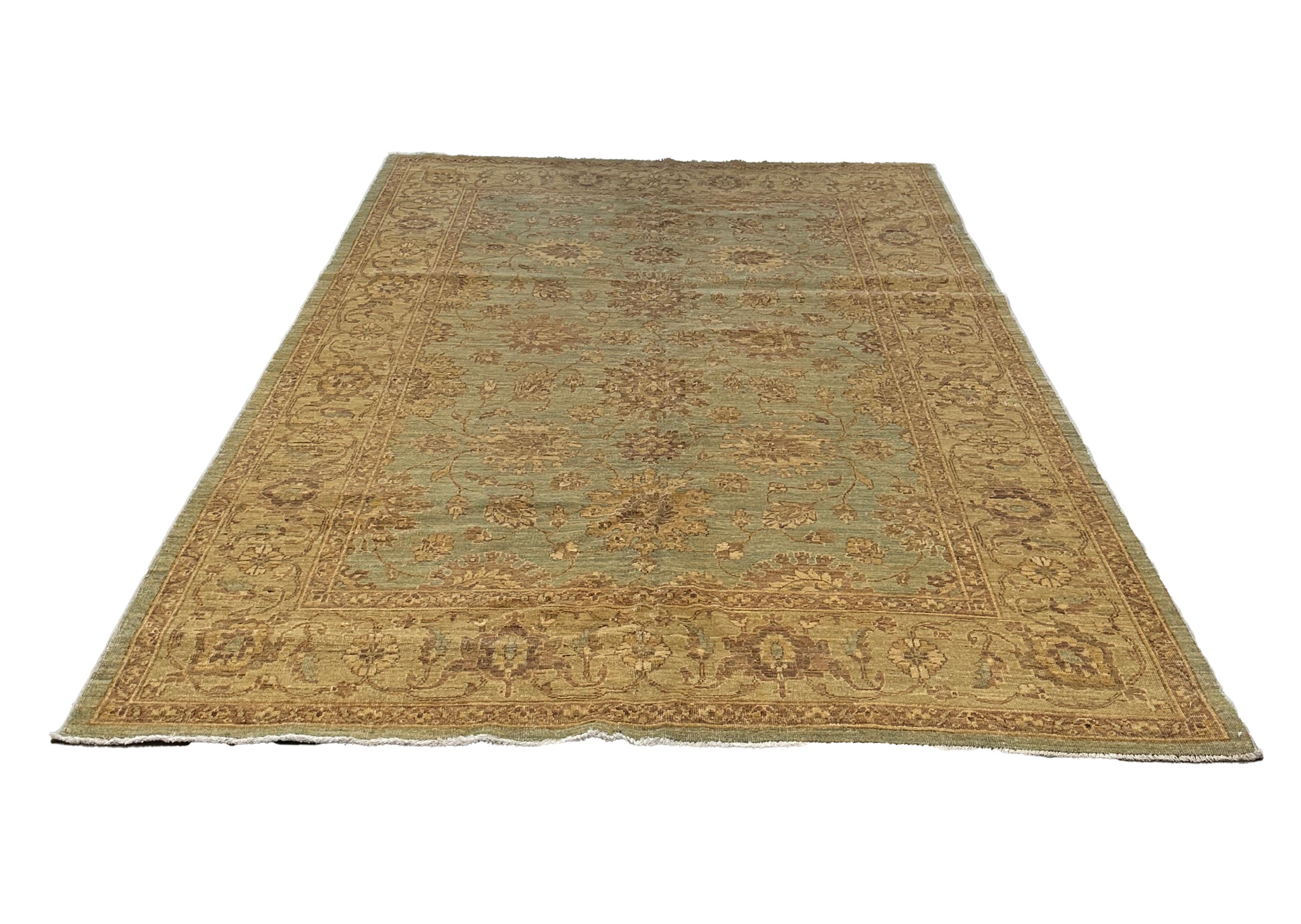 Hand-Knotted Traditional Style Area Rug in Green and Gold with a Floral Pattern 6x9 For Sale
