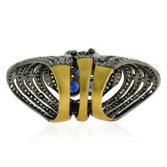 Traditional Style Blue Sapphire Knuckle Ring with Pave Diamonds in Gold & Silver