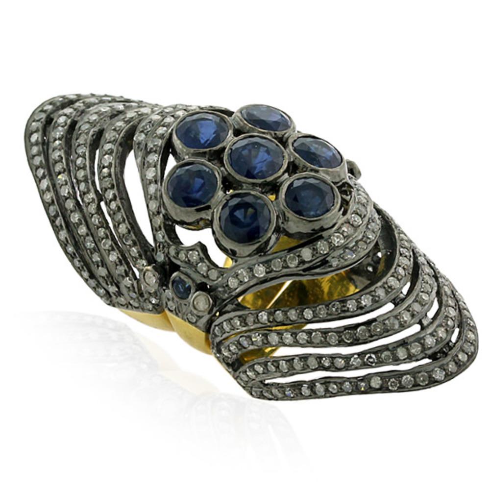 Art Nouveau Traditional Style Blue Sapphire Knuckle Ring with Pave Diamonds in Gold & Silver For Sale