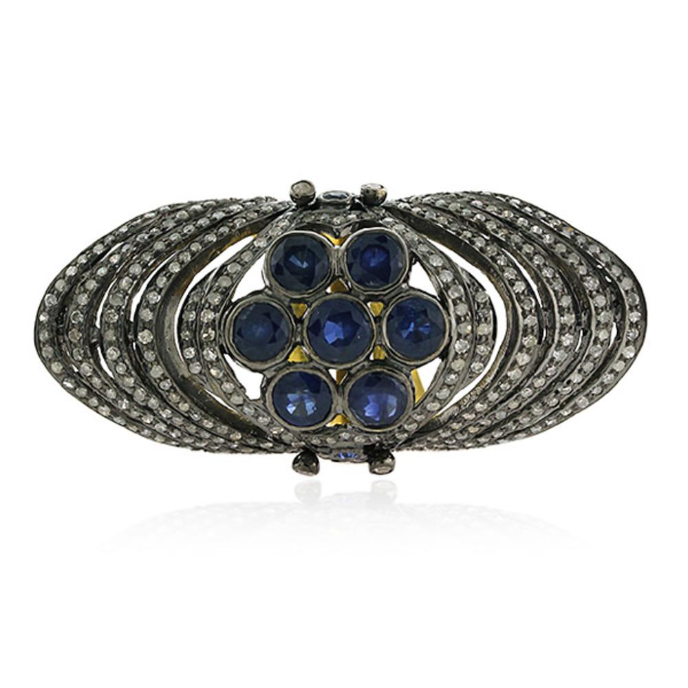 Traditional Style Blue Sapphire Knuckle Ring with Pave Diamonds in Gold & Silver In New Condition For Sale In New York, NY
