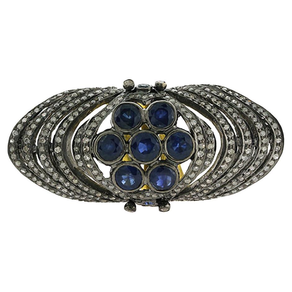 Traditional Style Blue Sapphire Knuckle Ring with Pave Diamonds in Gold & Silver For Sale
