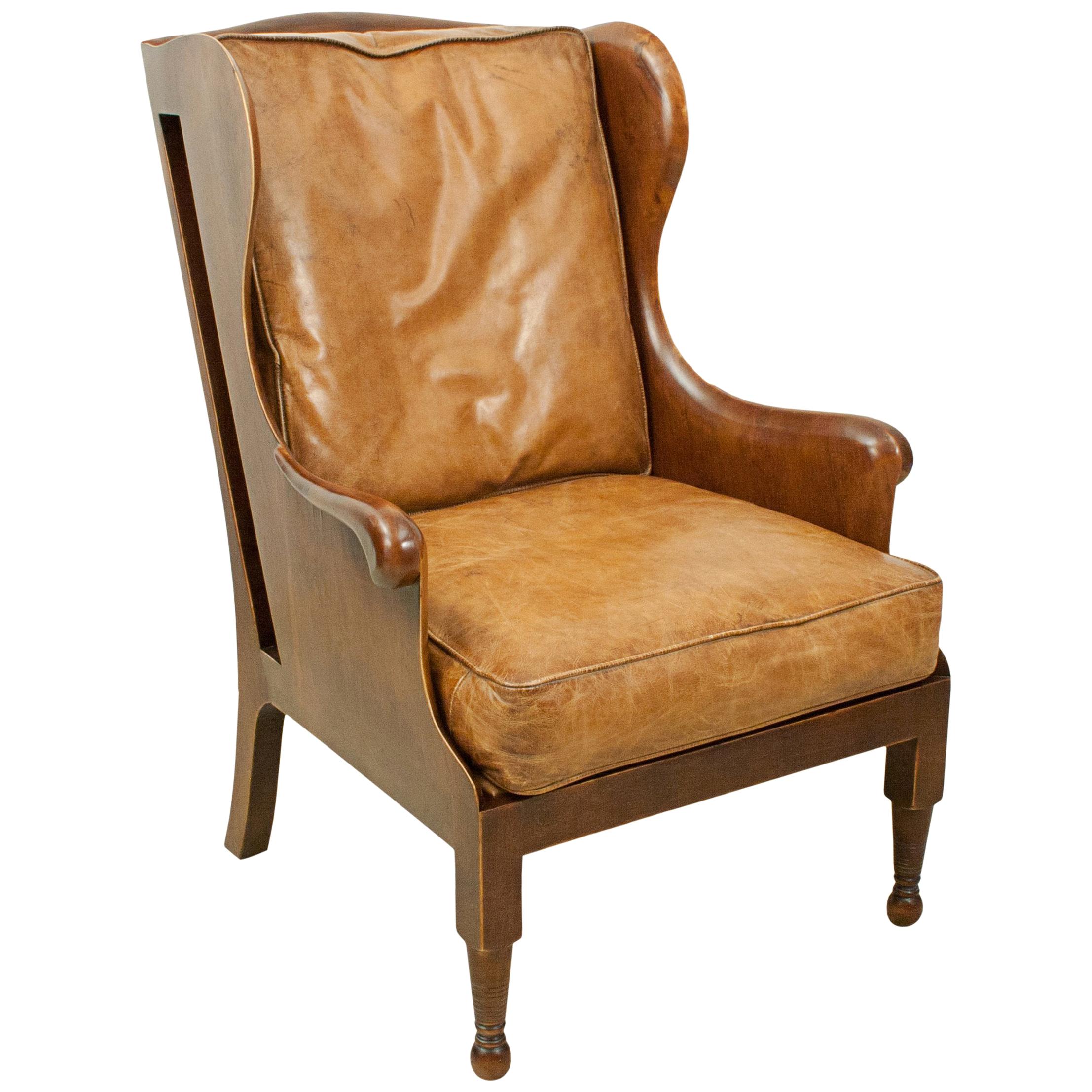 Traditional Style Mahogany and Tan Leather Wing Armchair, Loose Cushions