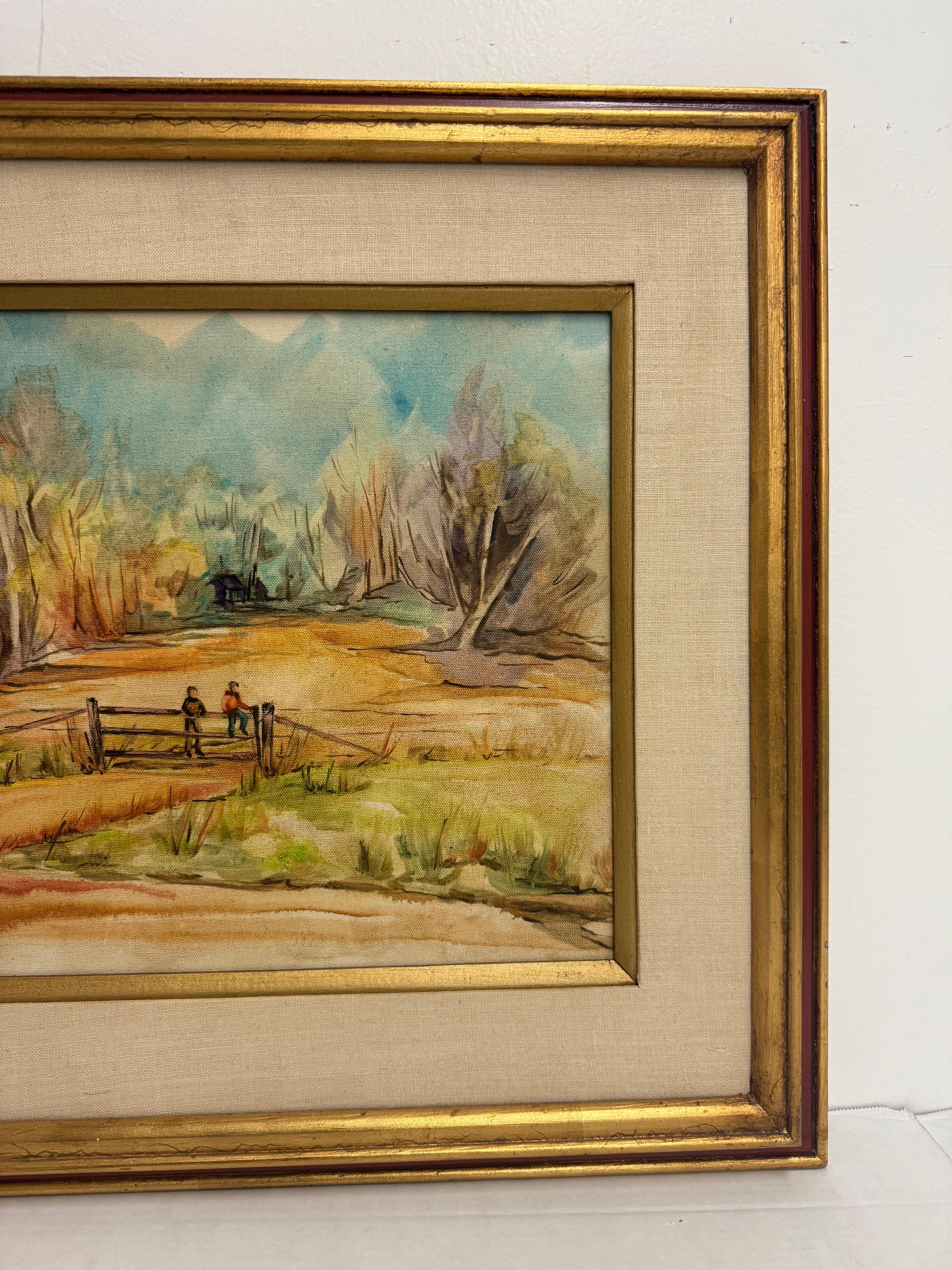 Traditional Style Vintage Framed Signed Scenic Abstract Mid CenturynPainting In Good Condition For Sale In Seattle, WA