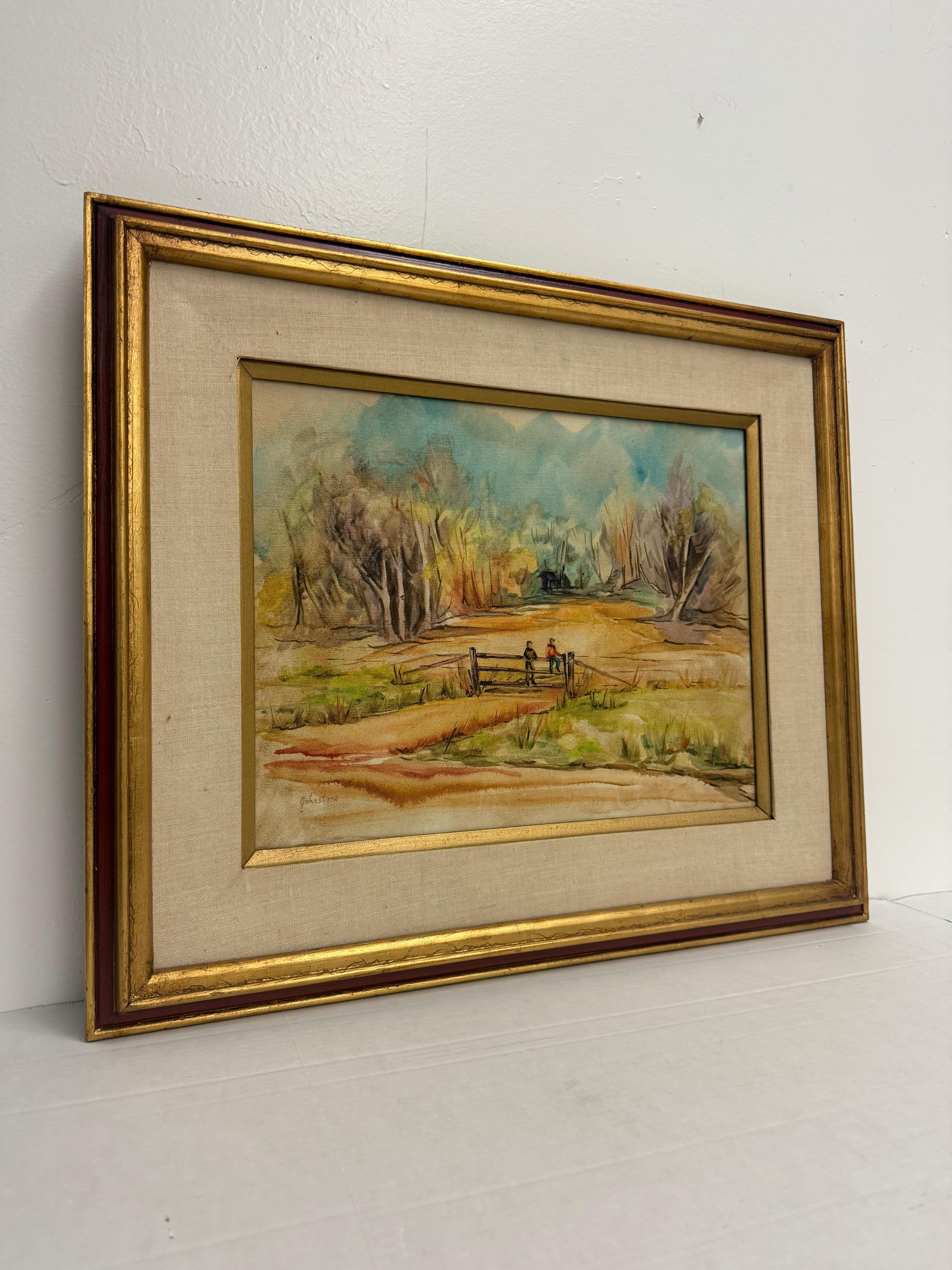 Late 20th Century Traditional Style Vintage Framed Signed Scenic Abstract Mid CenturynPainting For Sale