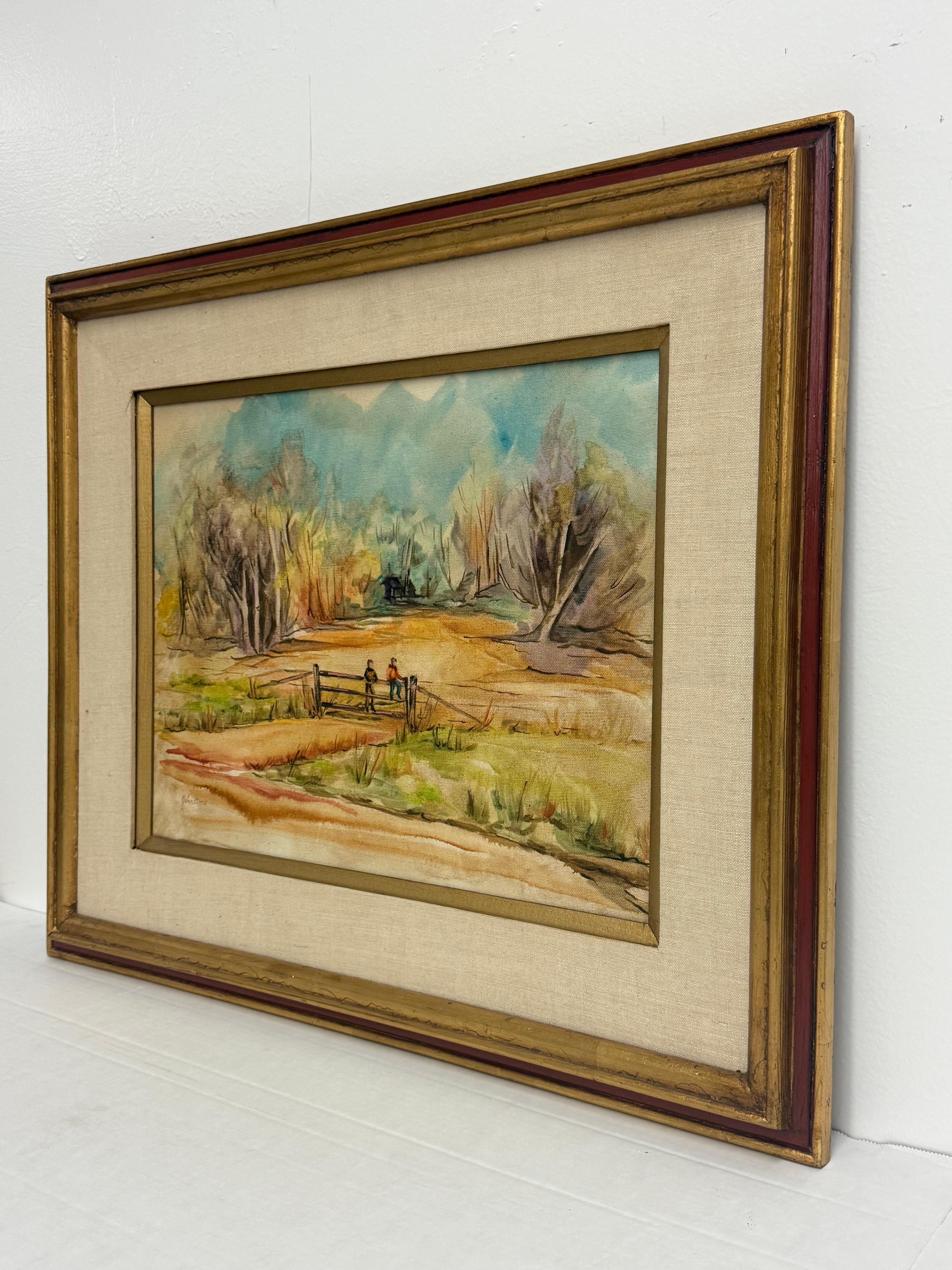 Wood Traditional Style Vintage Framed Signed Scenic Abstract Mid CenturynPainting For Sale