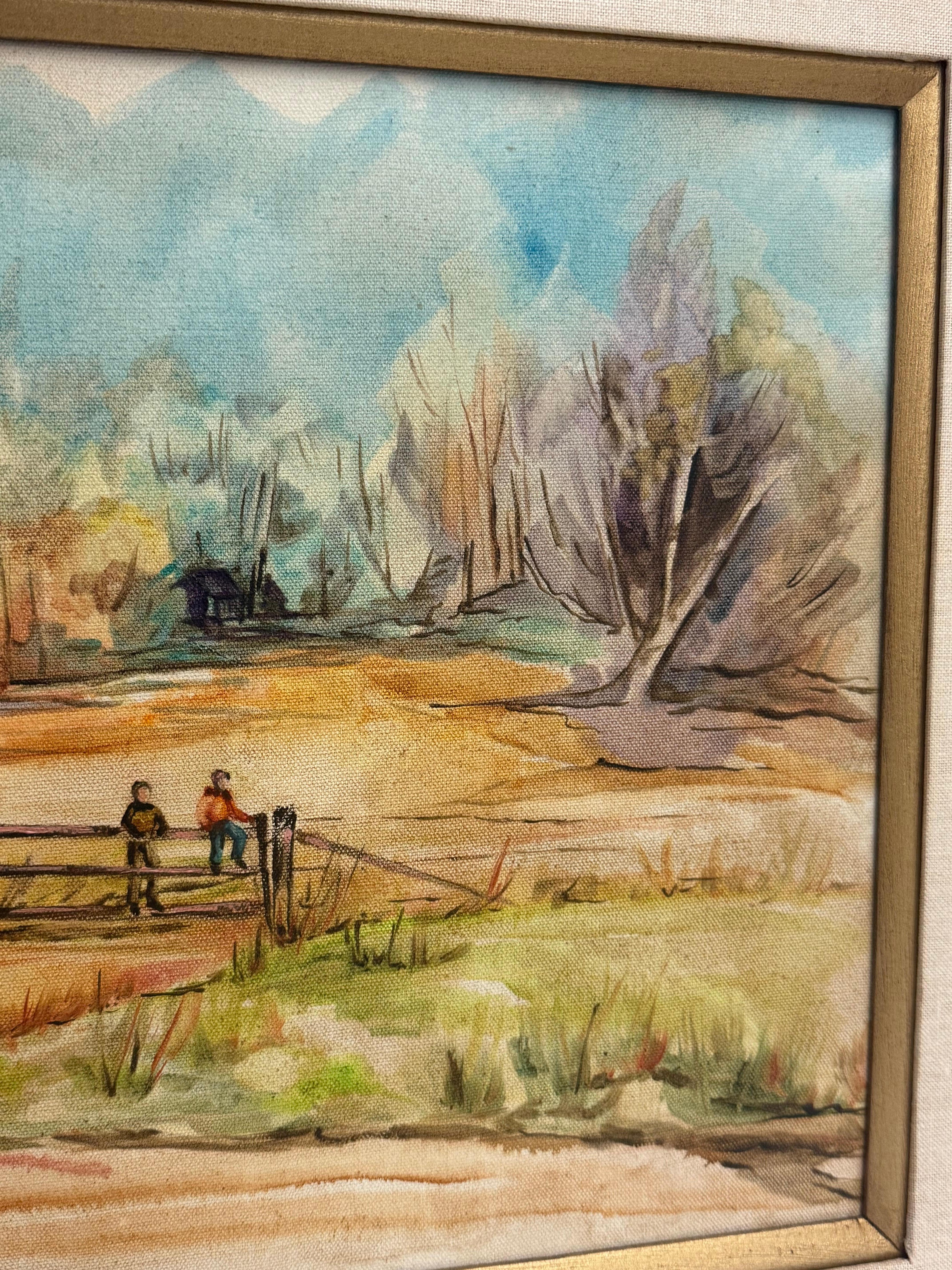 Traditional Style Vintage Framed Signed Scenic Abstract Mid CenturynPainting For Sale 2