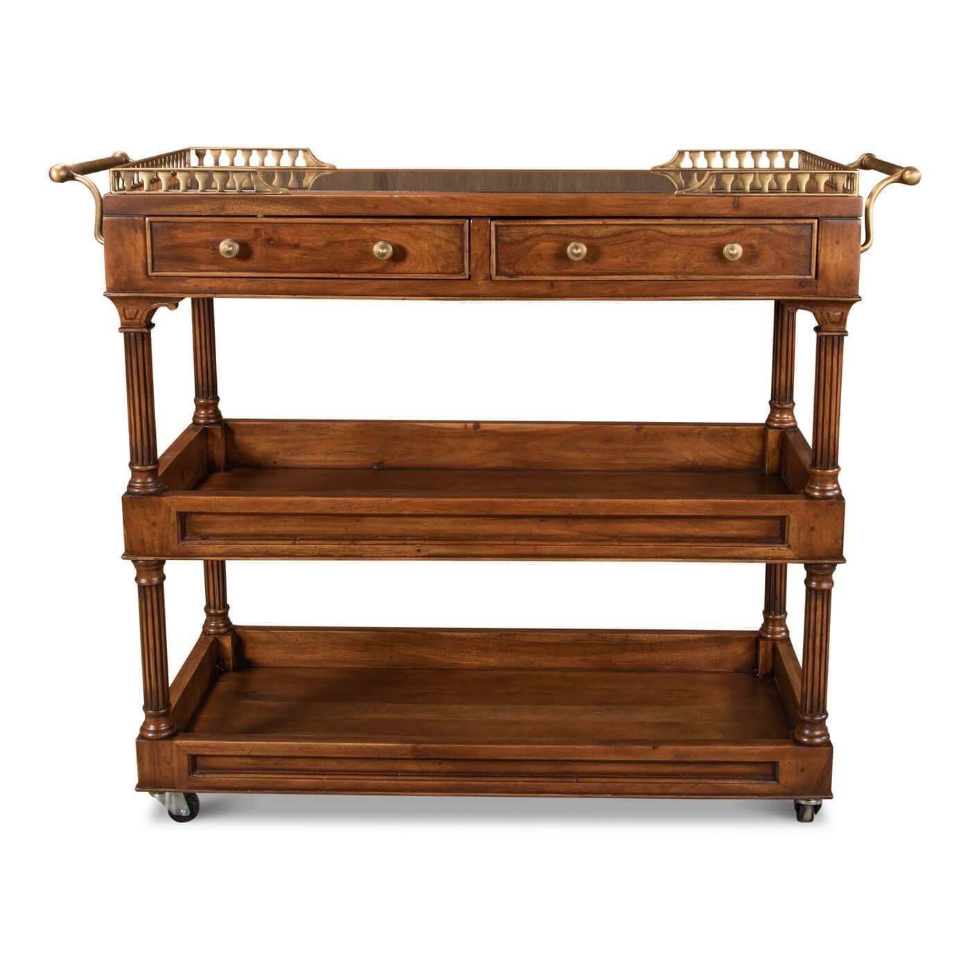 Traditional style walnut rolling bar and serving cart accented with brass railing and handle. This bar cart is beautiful and functional. The inner top is inset with black granite allowing you to wipe down easily before and after use.

The cart