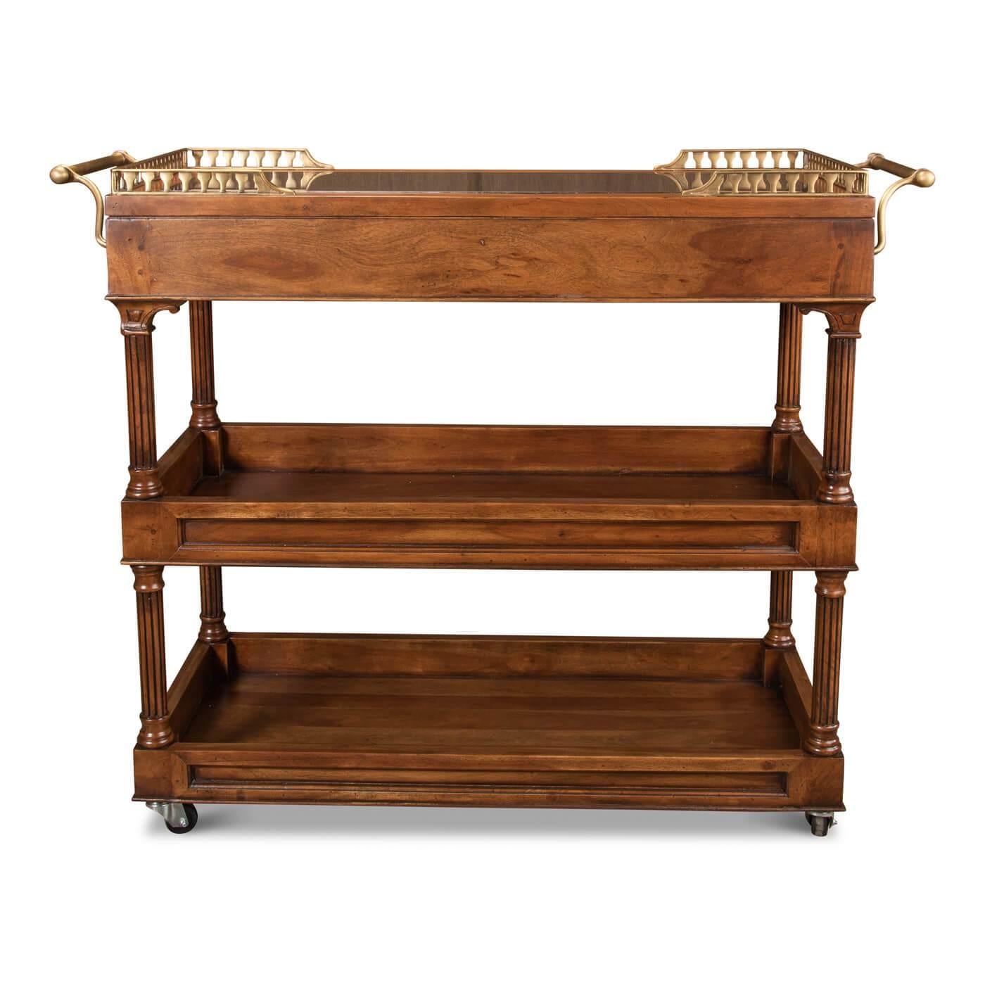 Asian Traditional Style Walnut Rolling Bar Cart For Sale