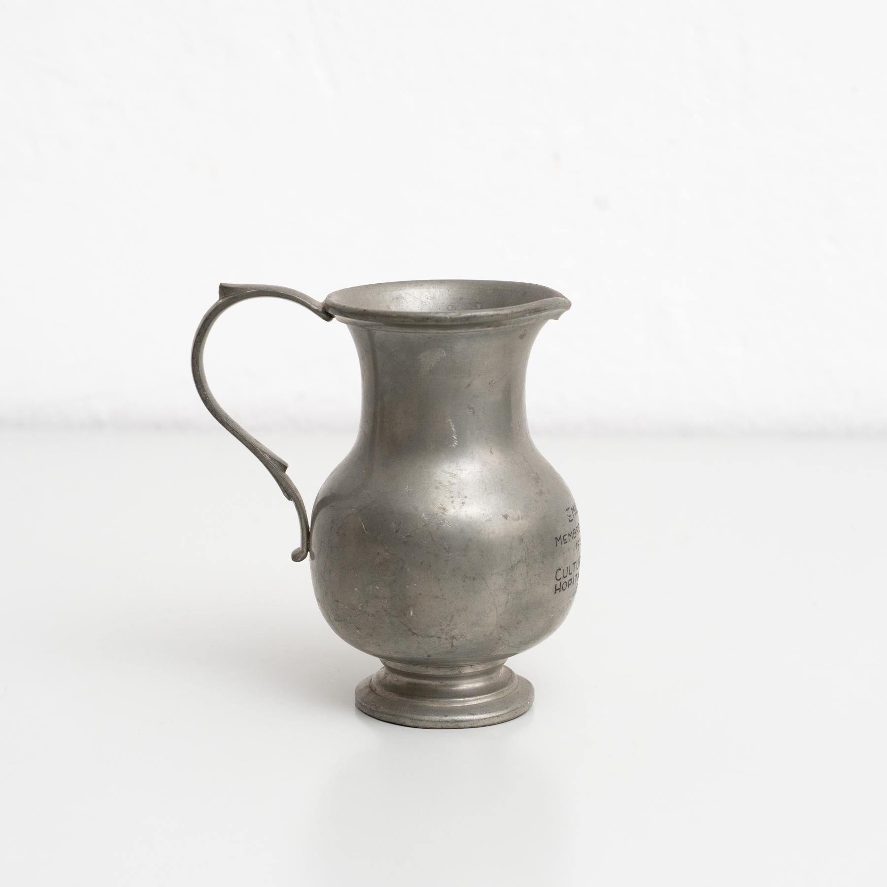Rustic Traditional Swiss Vintage Metal Stamped Commemorative Jug, circa 1970 For Sale