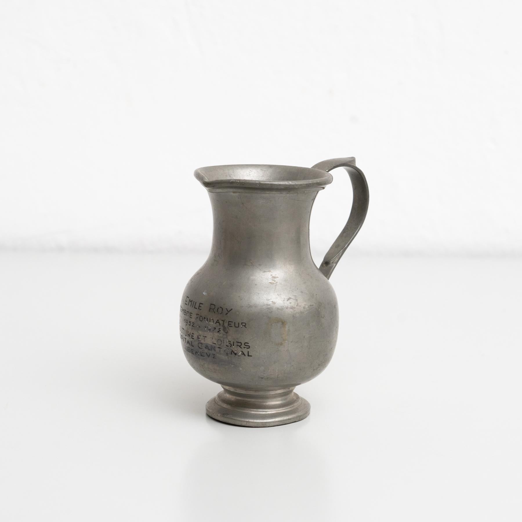 Traditional Swiss Vintage Metal Stamped Commemorative Jug, circa 1970 For Sale 2