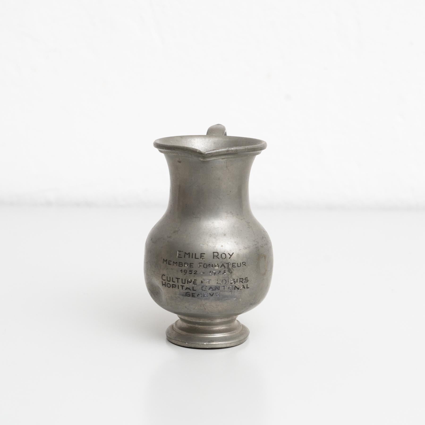 Traditional Swiss Vintage Metal Stamped Commemorative Jug, circa 1970 For Sale 4