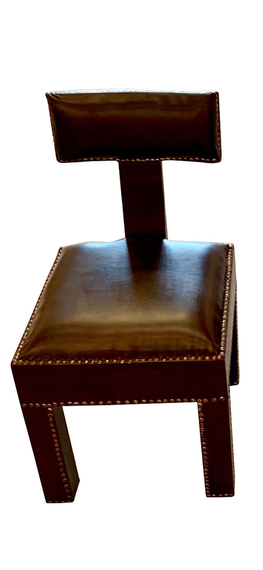 Moroccan Brown Leather T Shaped Back Pair of Side Chairs, Morocco, Contemporary