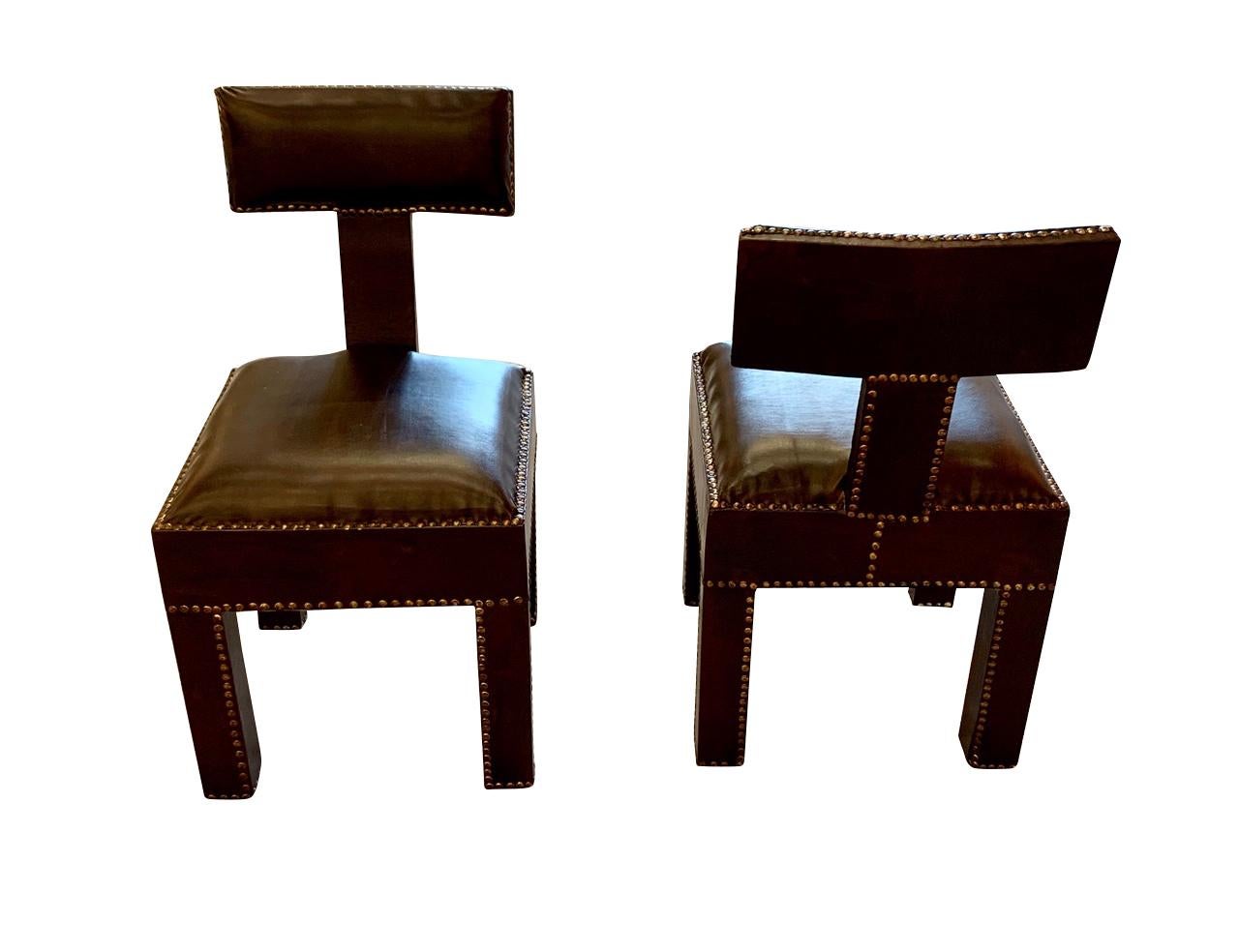 Brown Leather T Shaped Back Pair of Side Chairs, Morocco, Contemporary In New Condition In New York, NY