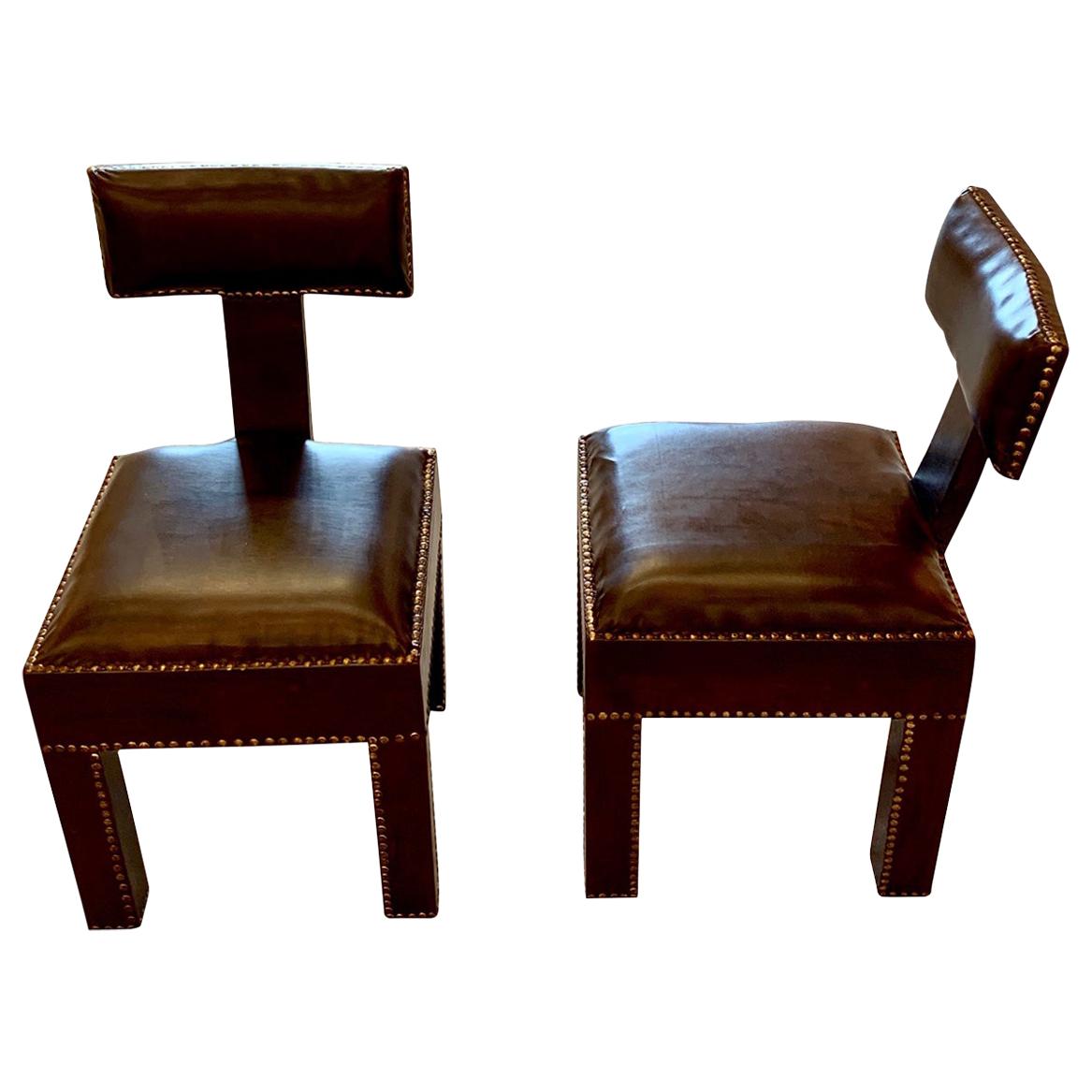 Brown Leather T Shaped Back Pair of Side Chairs, Morocco, Contemporary