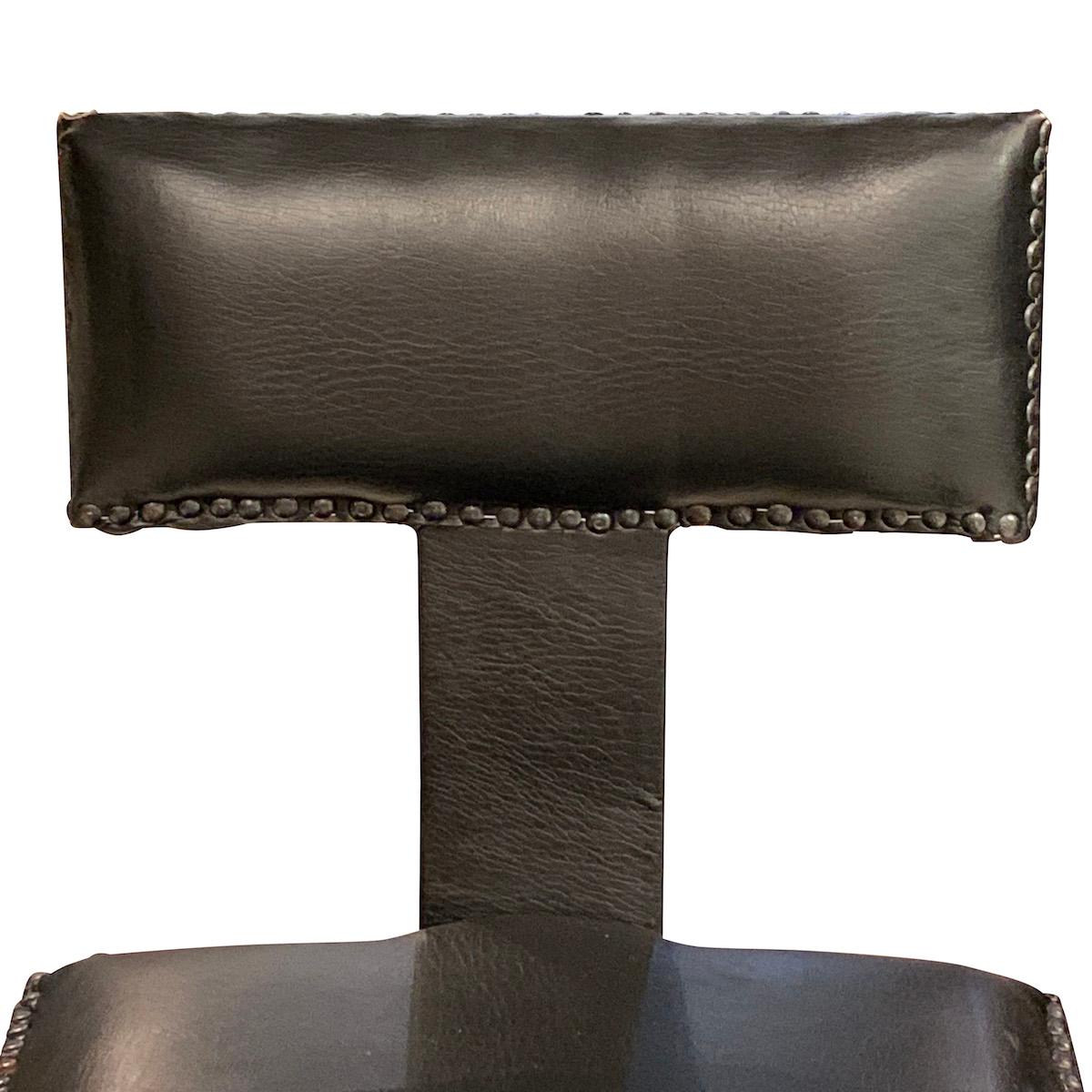 Moroccan Black Leather T-Shaped Back Pair Side Chairs, Morocco, Contemporary For Sale