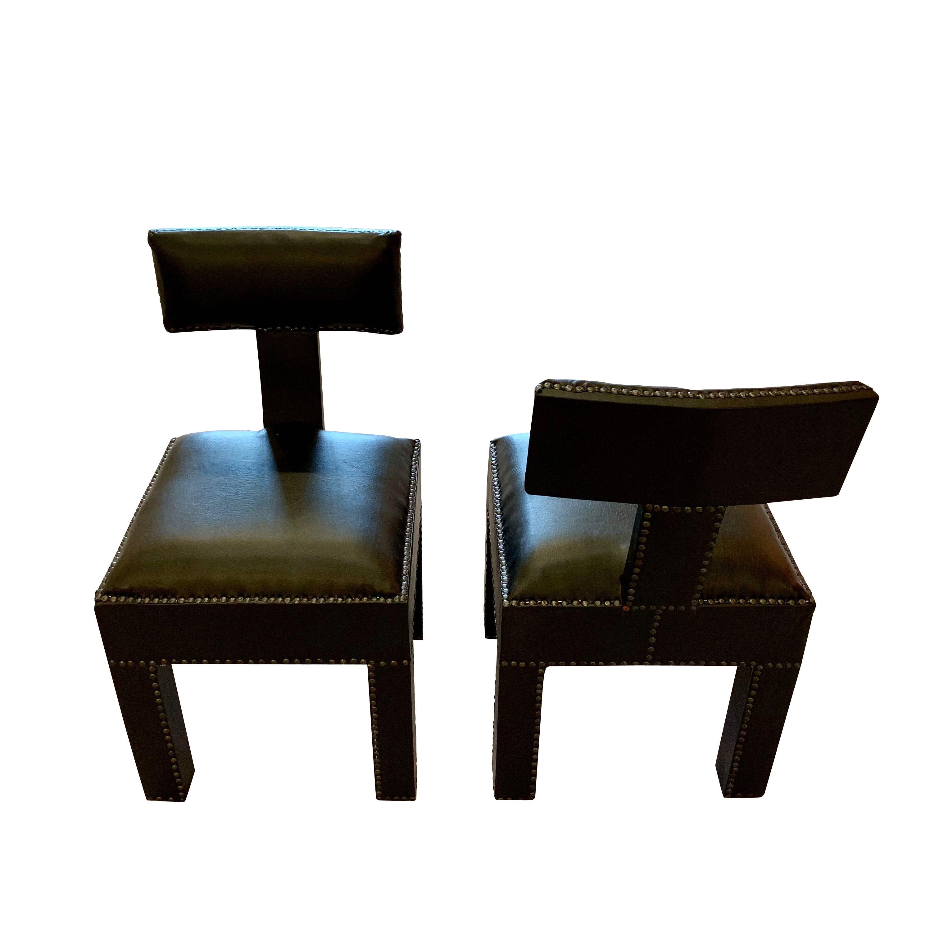 Black Leather T-Shaped Back Pair Side Chairs, Morocco, Contemporary In New Condition For Sale In New York, NY