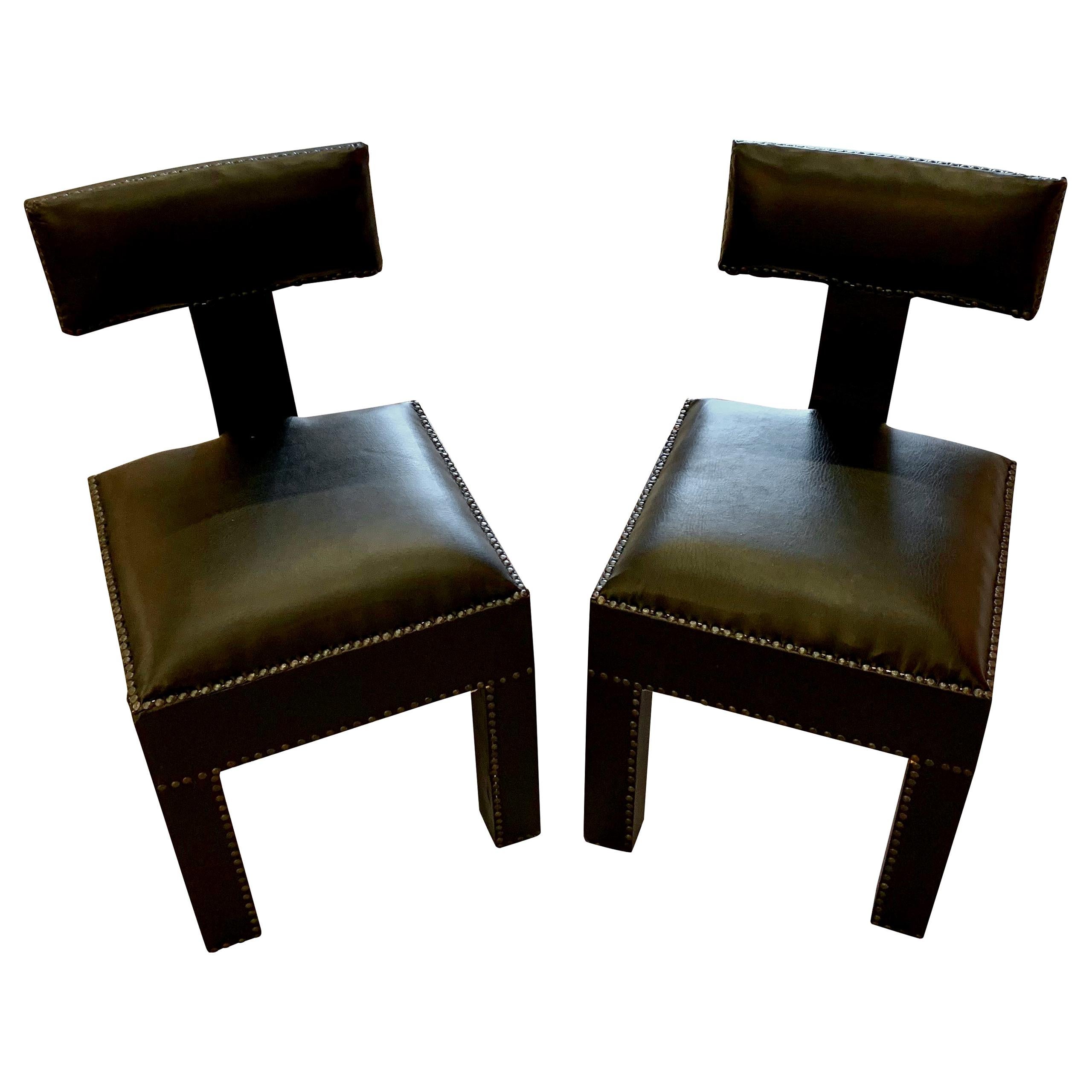 Black Leather T-Shaped Back Pair Side Chairs, Morocco, Contemporary