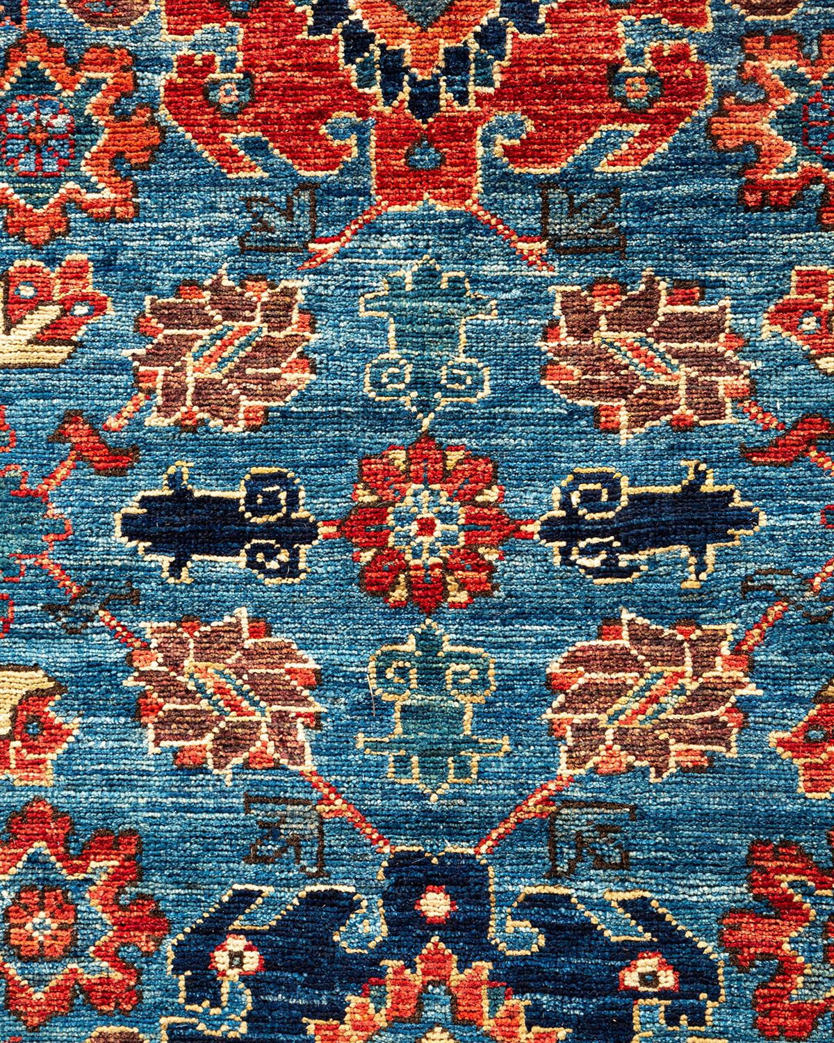 Pakistani Traditional Tribal Hand Knotted Wool Blue Area Rug For Sale