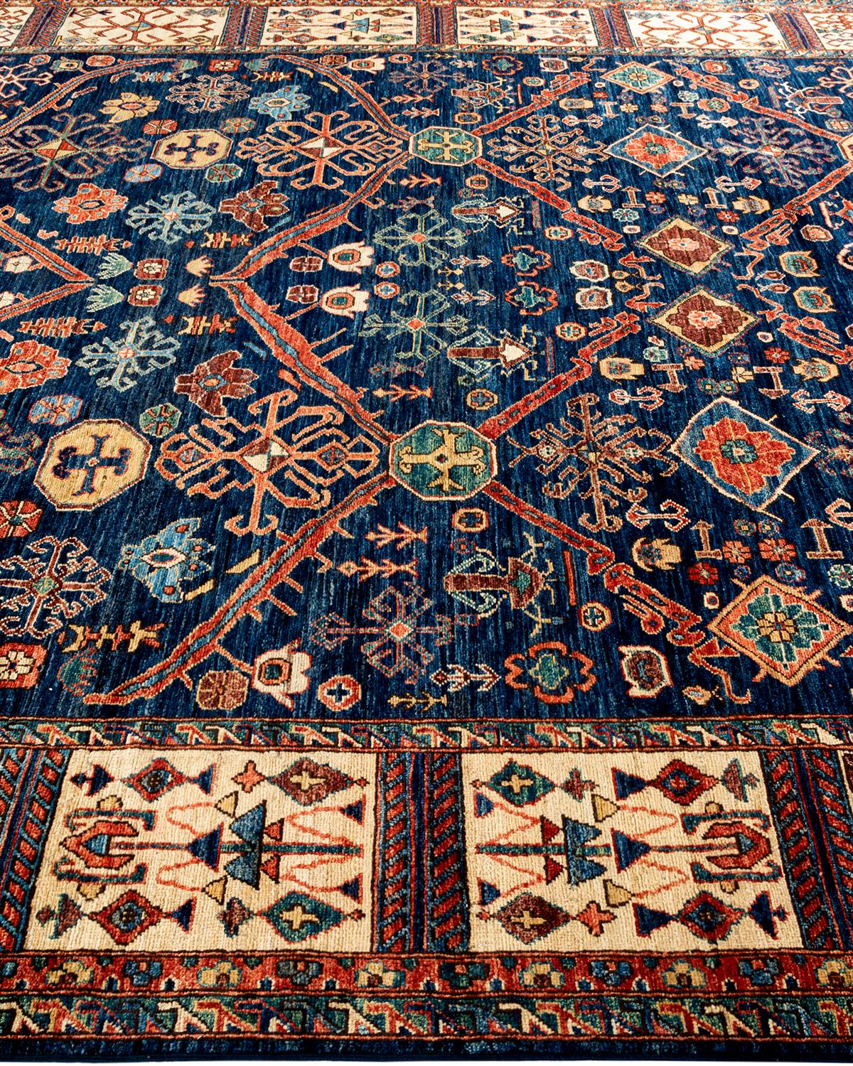 Traditional Tribal Hand Knotted Wool Blue Area Rug In New Condition For Sale In Norwalk, CT