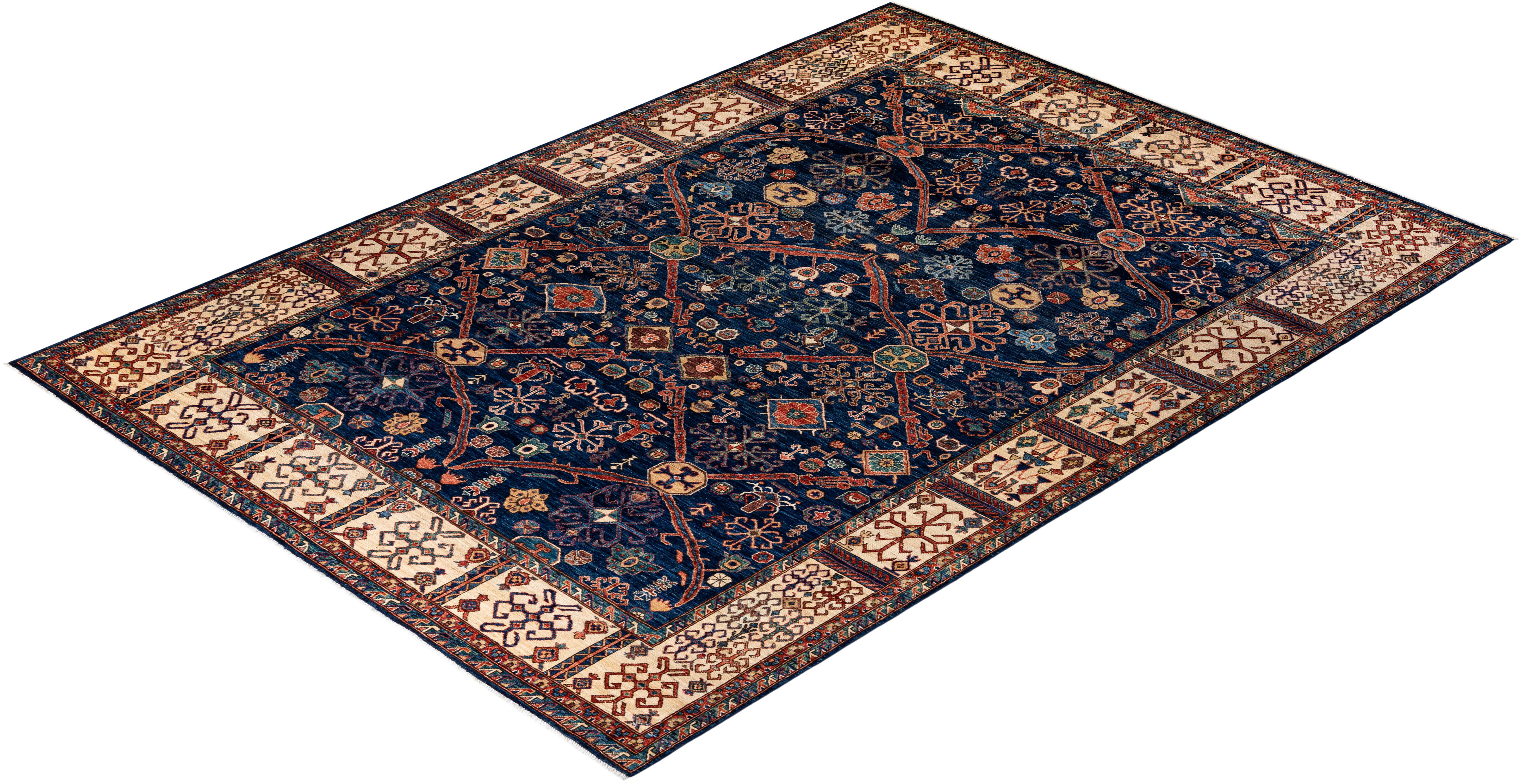 Traditional Tribal Hand Knotted Wool Blue Area Rug For Sale 3