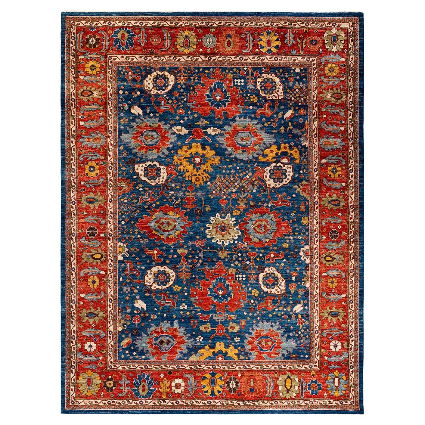 Traditional Tribal Hand Knotted Wool Blue Area Rug For Sale