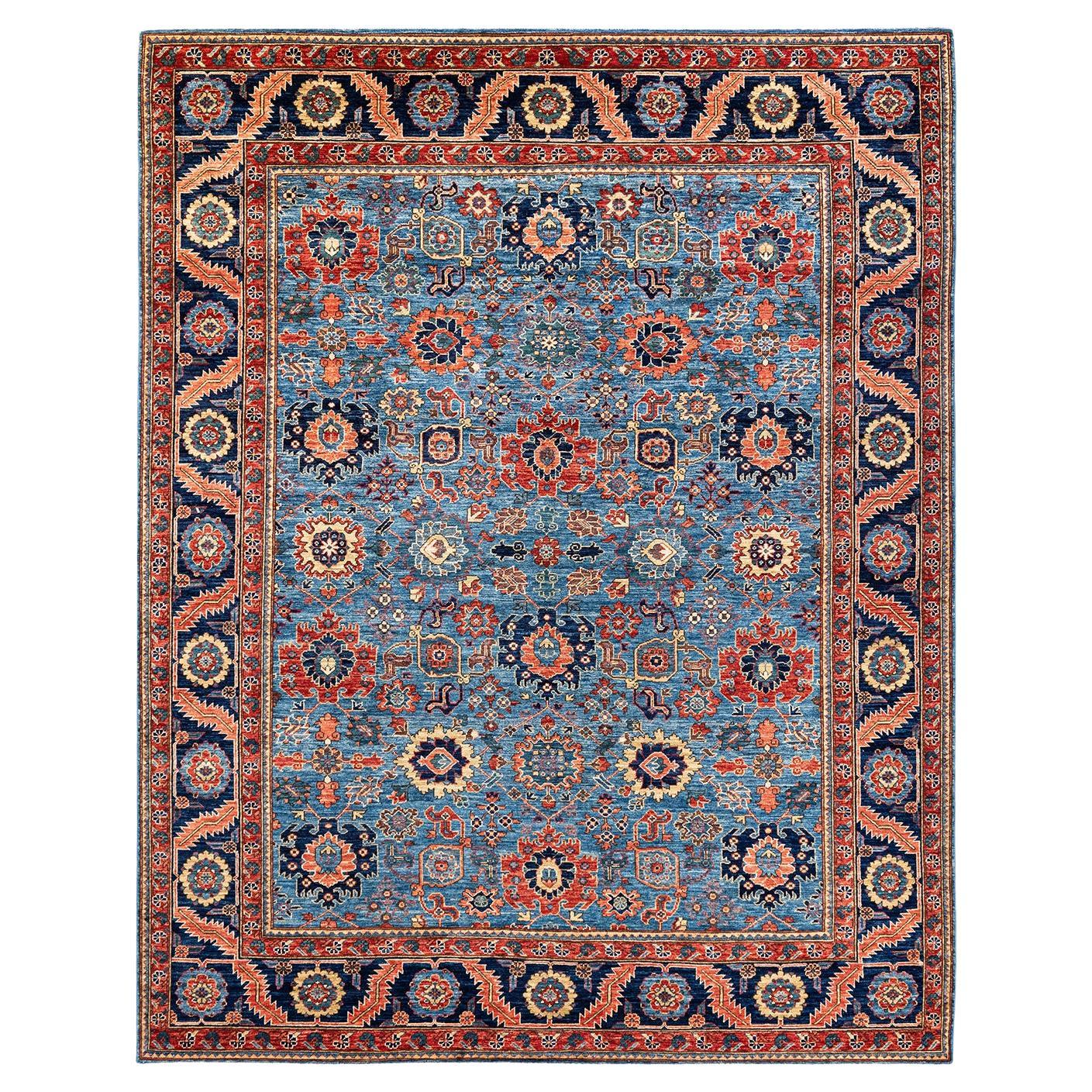 Traditional Tribal Hand Knotted Wool Blue Area Rug For Sale