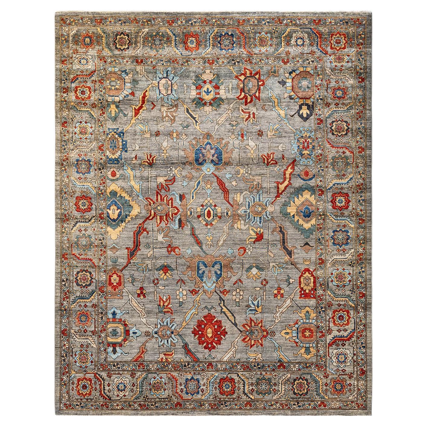 Traditional Tribal Hand Knotted Wool Gray Area Rug For Sale