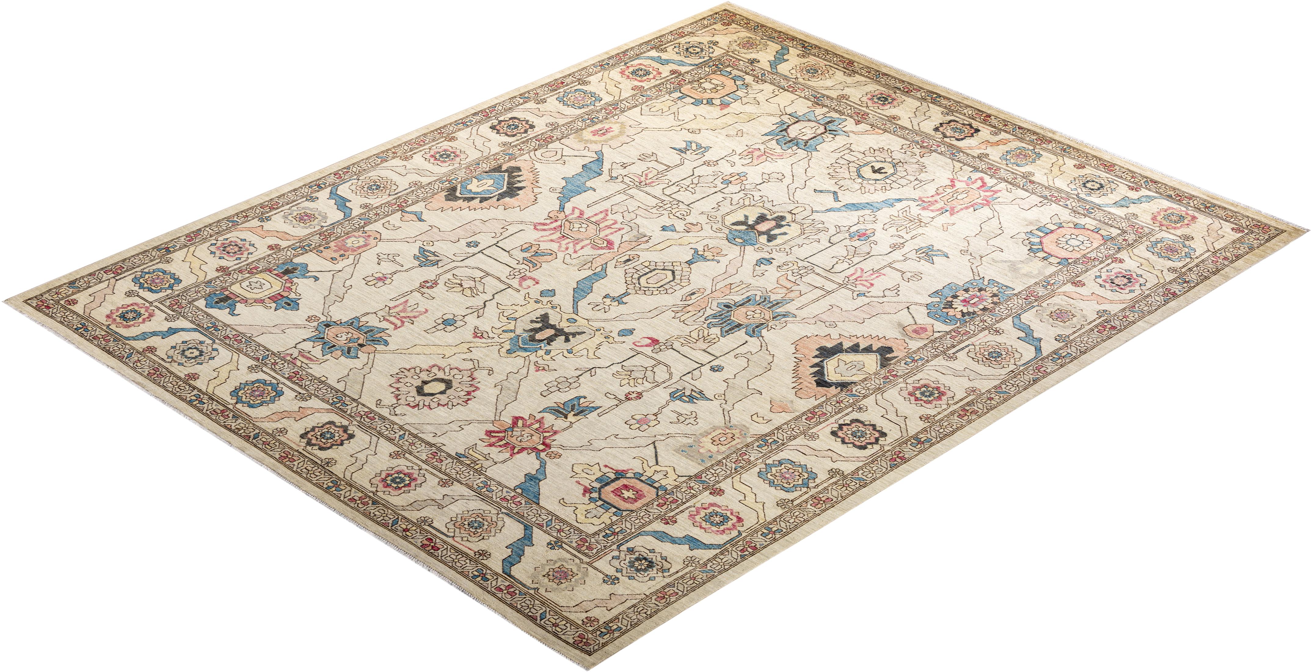 Traditional Tribal Hand Knotted Wool Ivory Area Rug For Sale 2