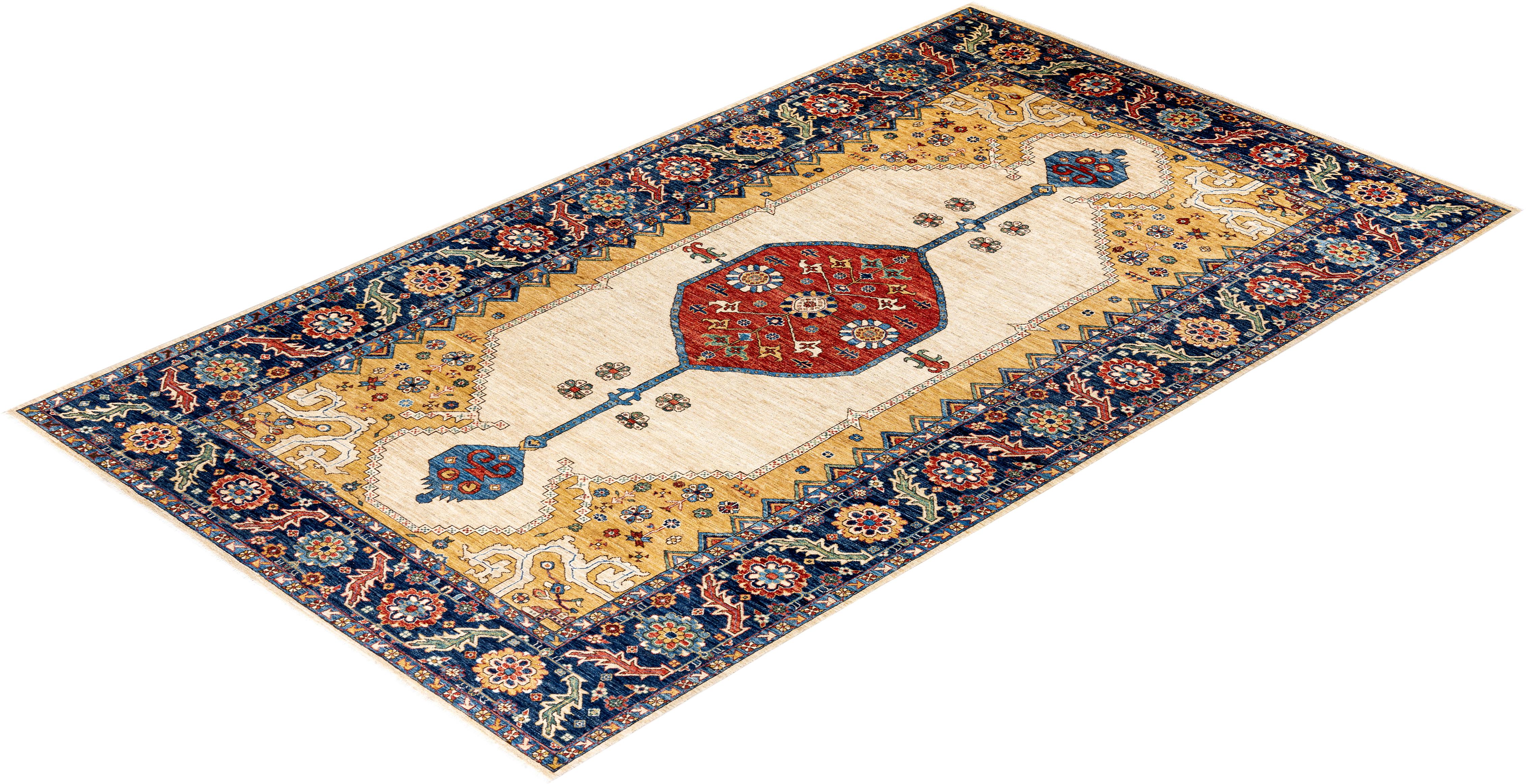 Traditional Tribal Hand Knotted Wool Ivory Area Rug For Sale 3