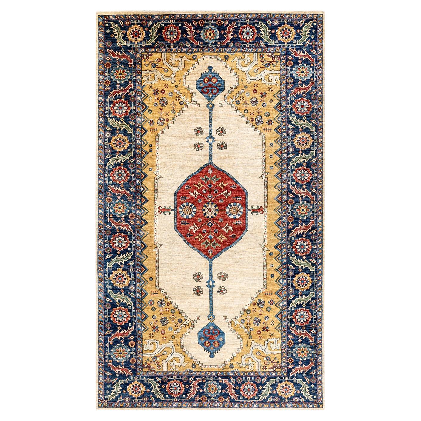 Traditional Tribal Hand Knotted Wool Ivory Area Rug For Sale