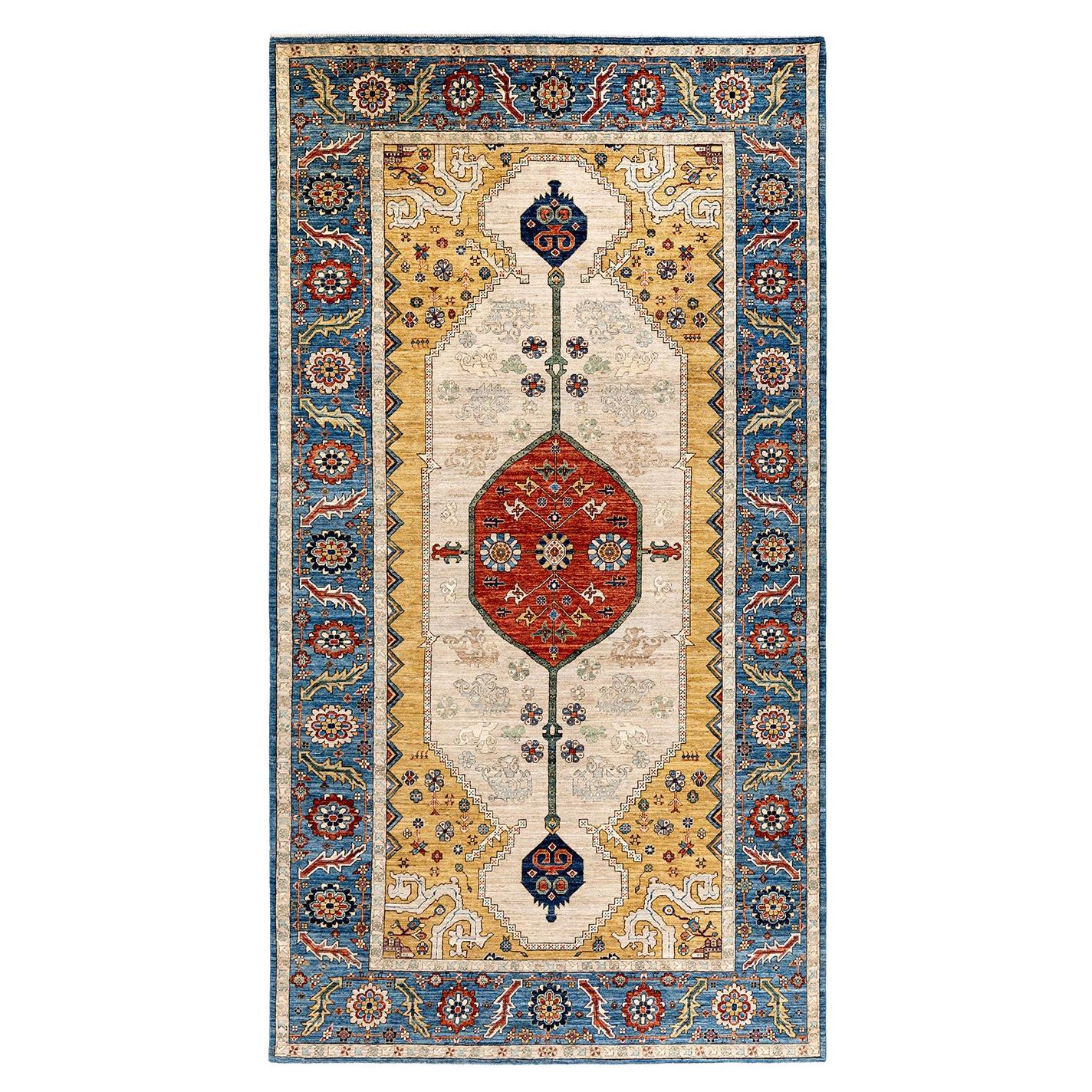 Traditional Tribal Hand Knotted Wool Ivory Area Rug For Sale