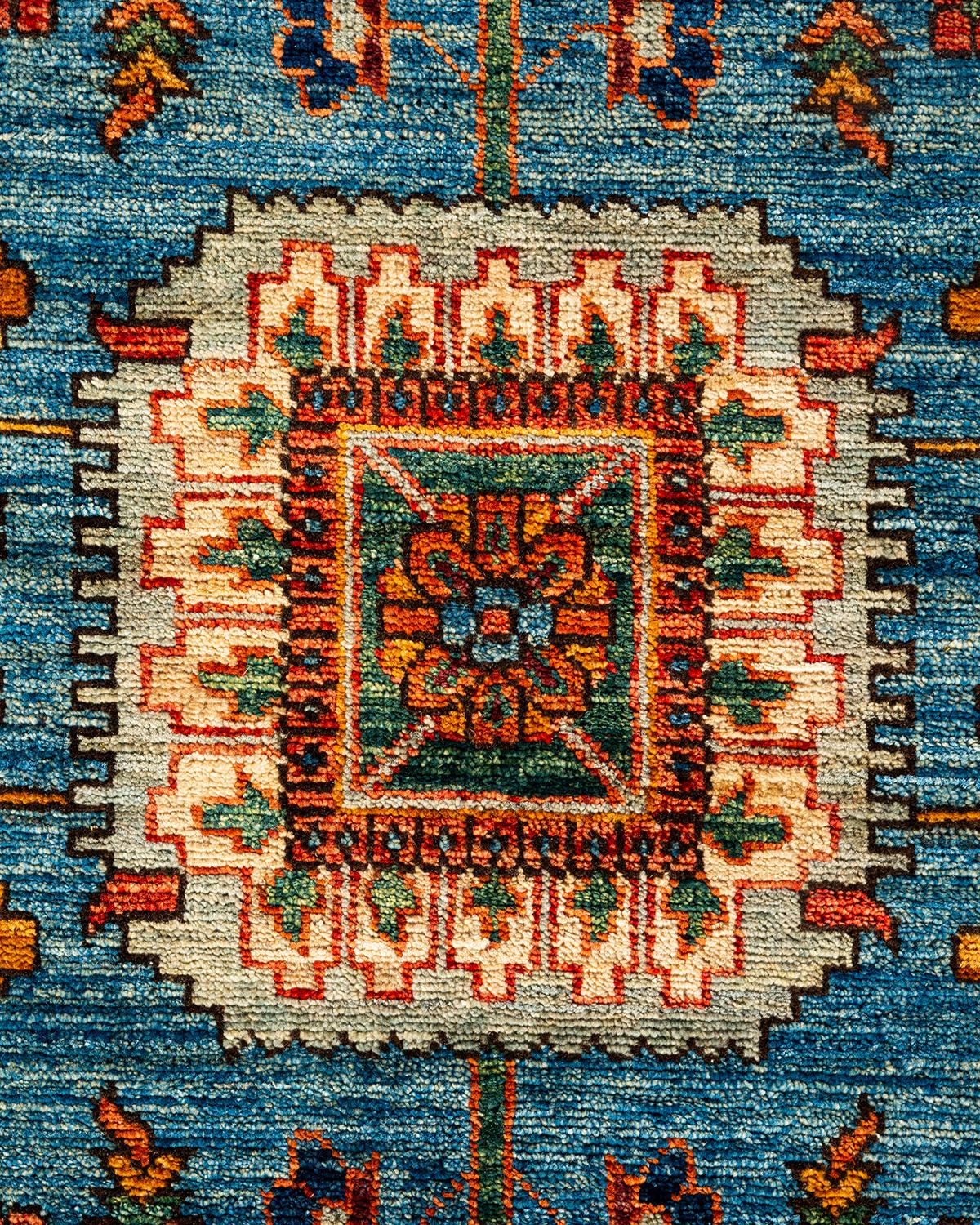 Pakistani Traditional Tribal Hand Knotted Wool Light Blue Area Rug For Sale
