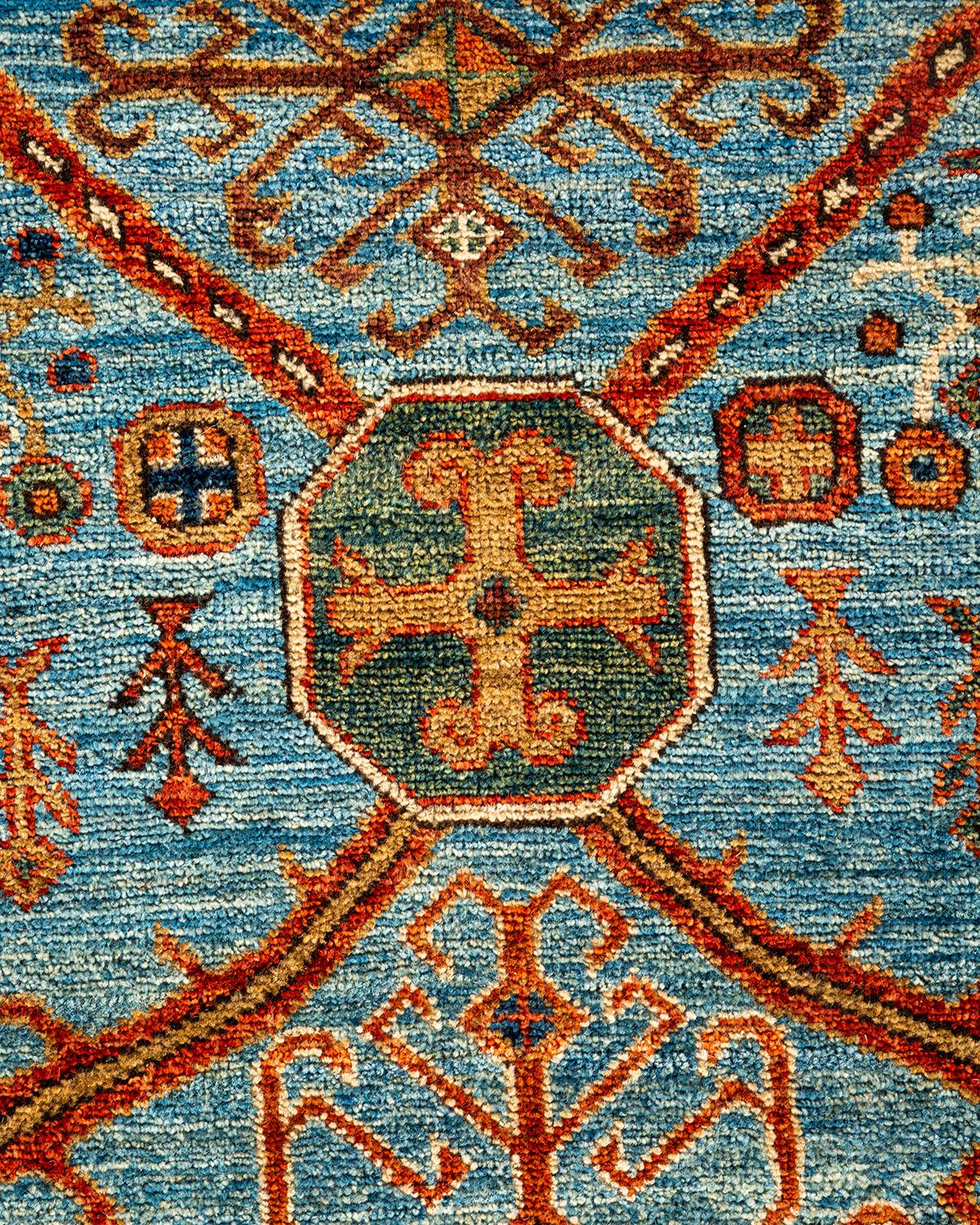 Pakistani Traditional Tribal Hand Knotted Wool Light Blue Area Rug For Sale