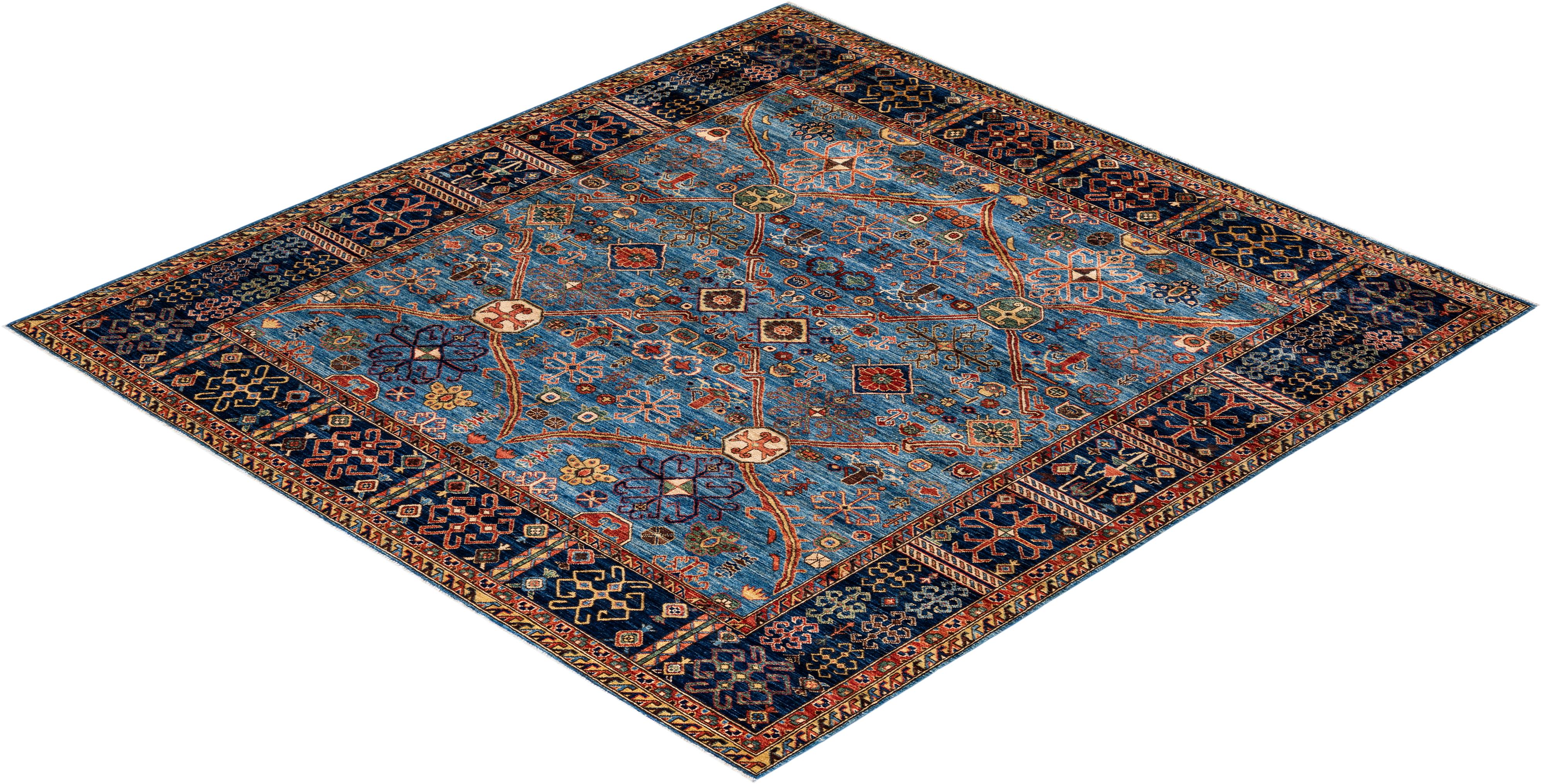 Traditional Tribal Hand Knotted Wool Light Blue Square Area Rug For Sale 3
