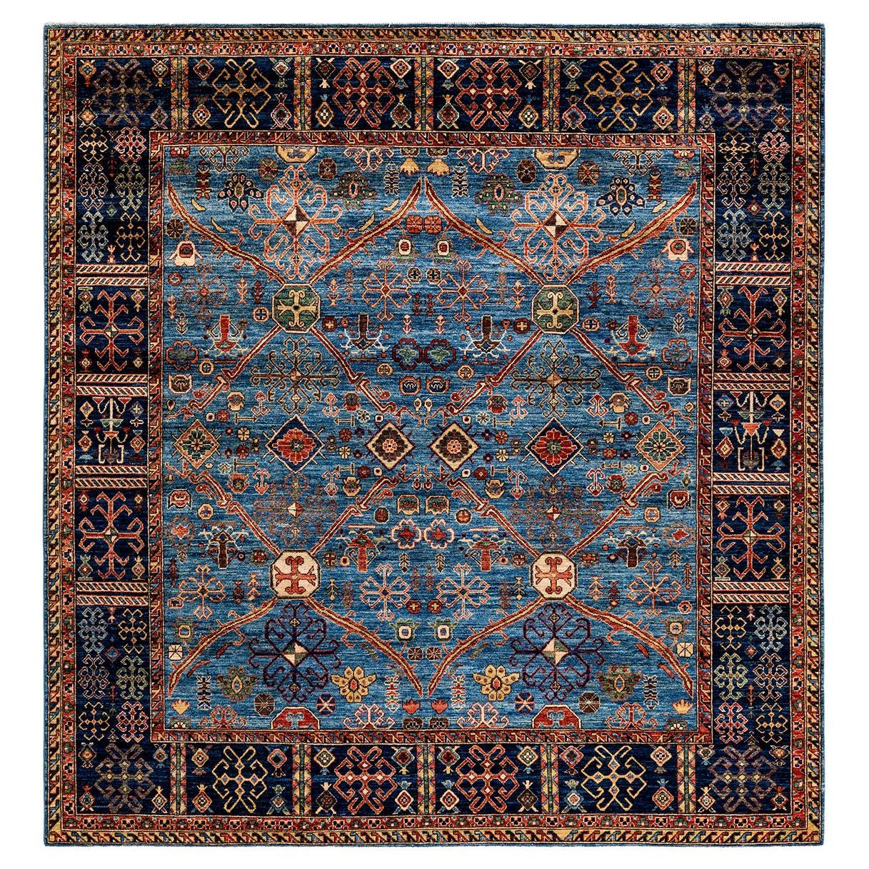 Traditional Tribal Hand Knotted Wool Light Blue Square Area Rug For Sale