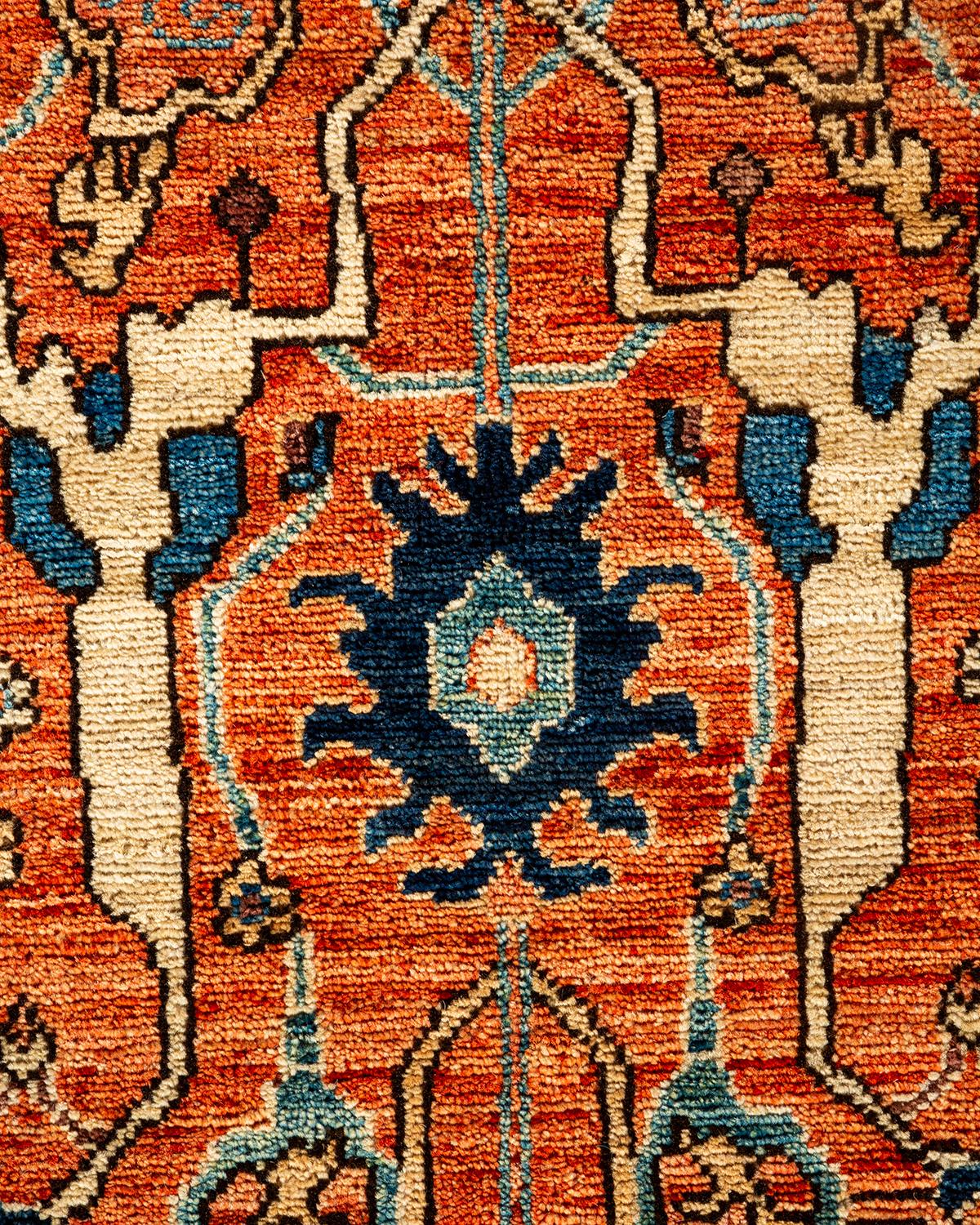Pakistani Traditional Tribal Hand Knotted Wool Orange Area Rug For Sale