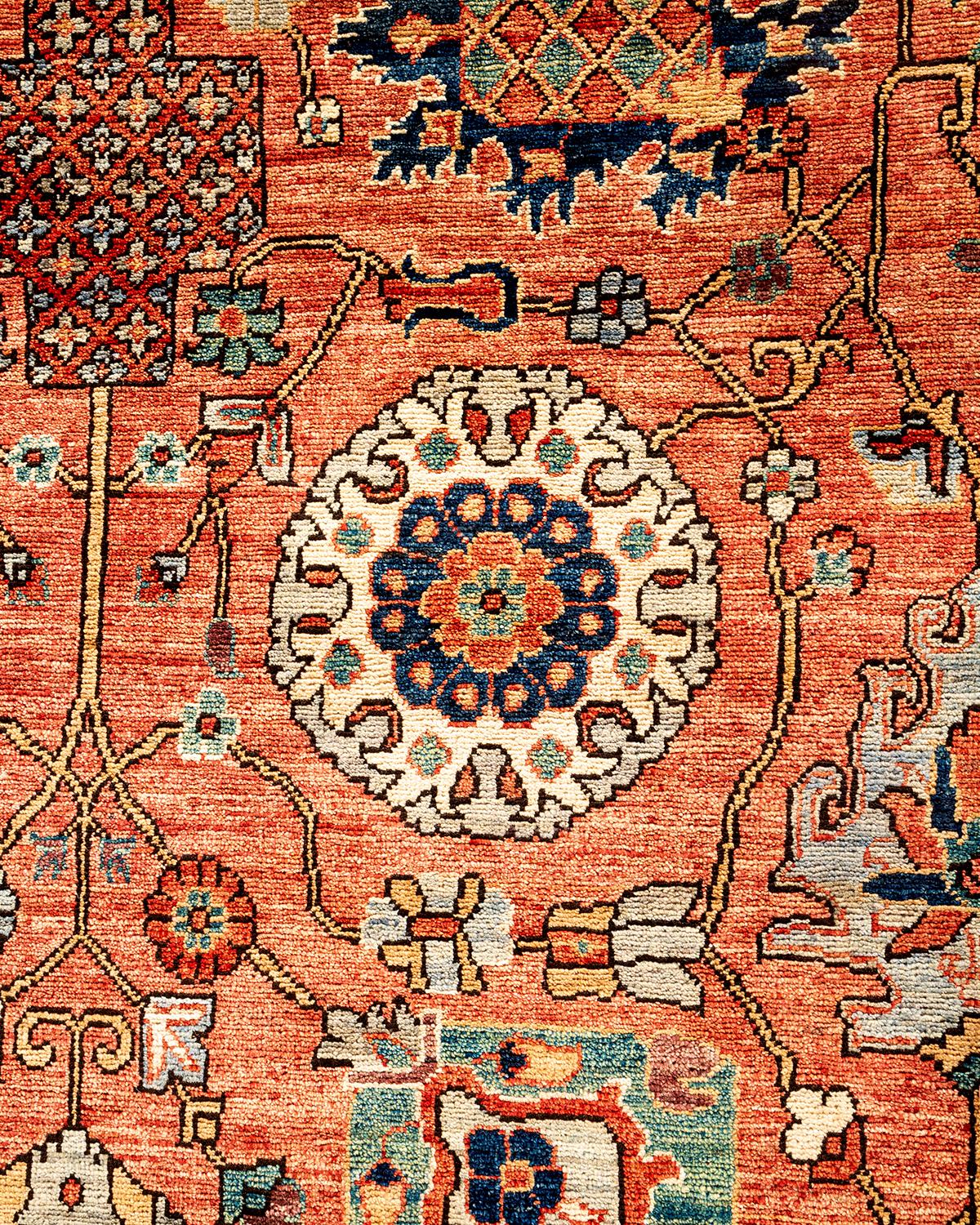 Pakistani Traditional Tribal Hand Knotted Wool Orange Area Rug For Sale
