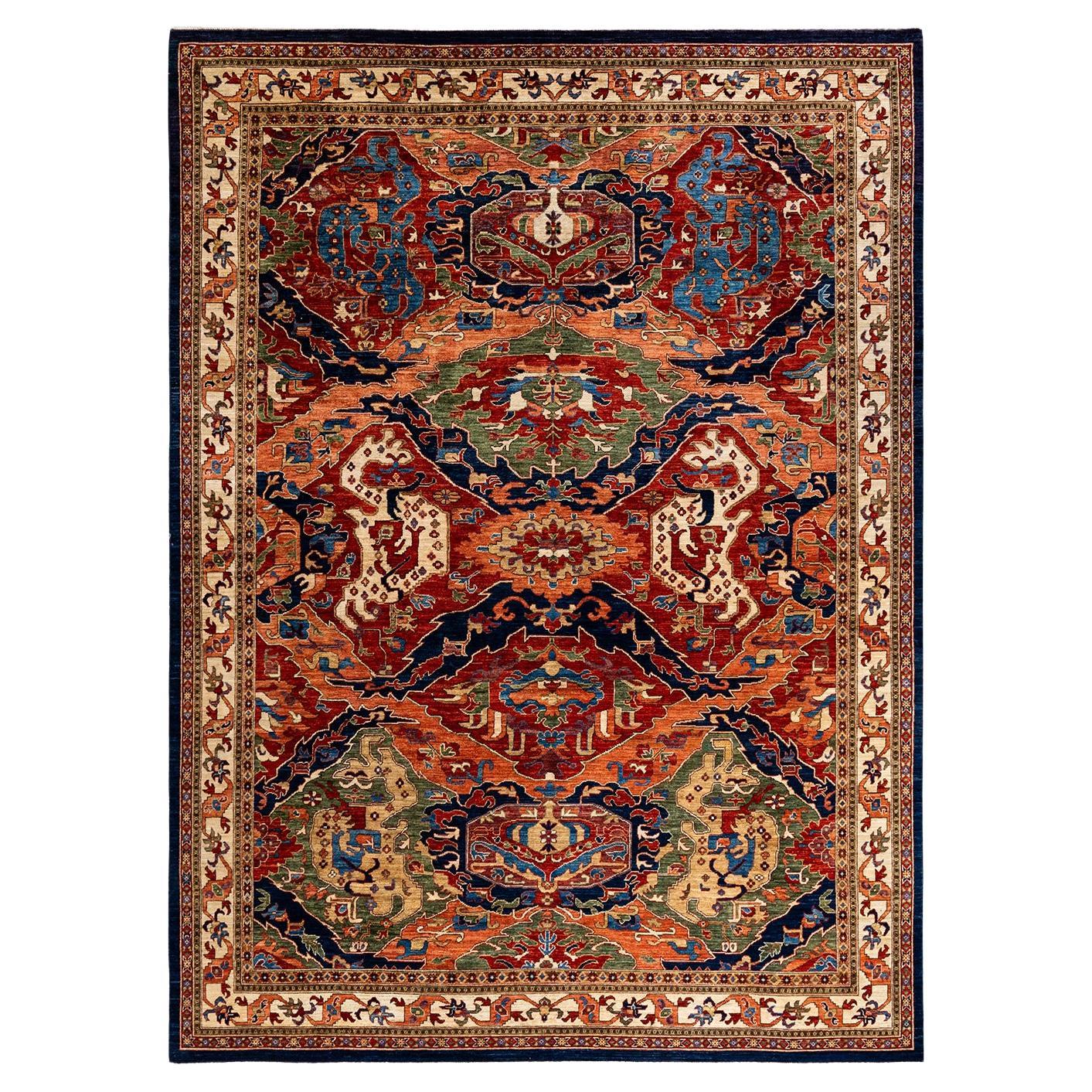 Traditional Tribal Hand Knotted Wool Orange Area Rug For Sale