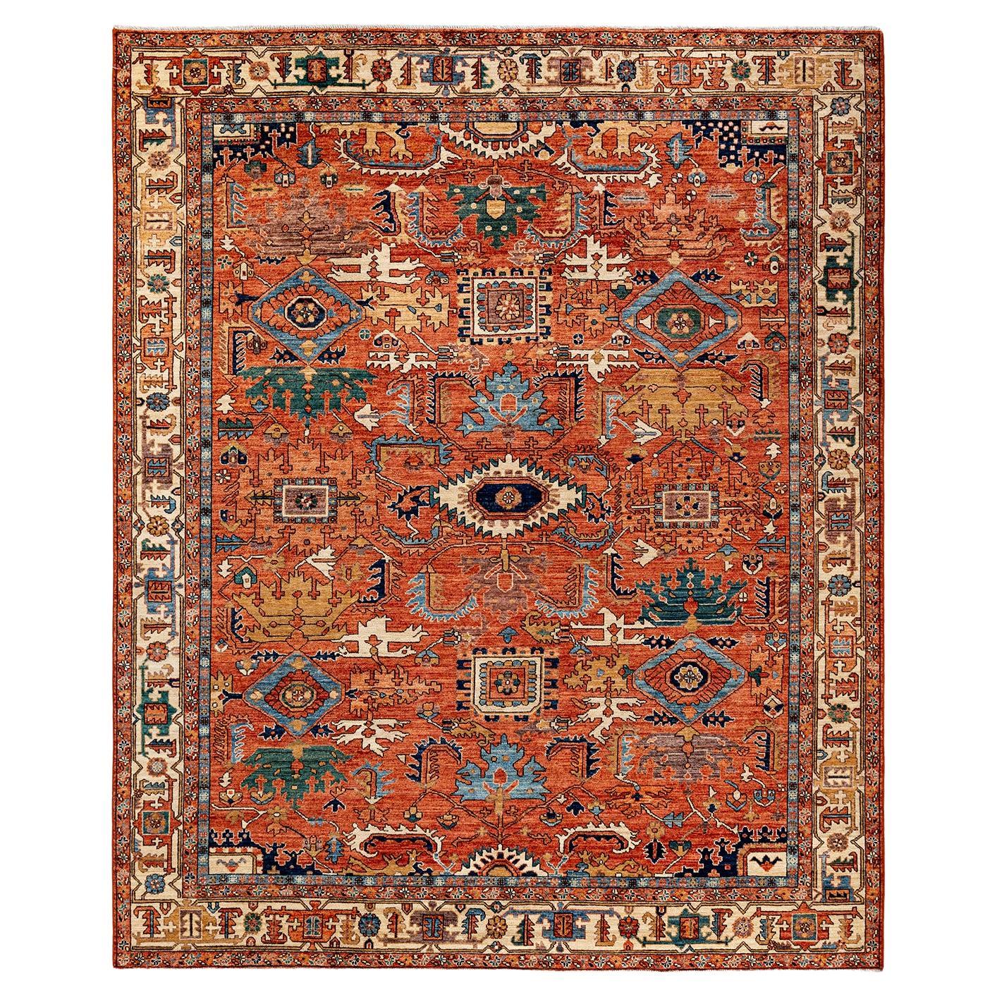 Traditional Tribal Hand Knotted Wool Orange Area Rug For Sale