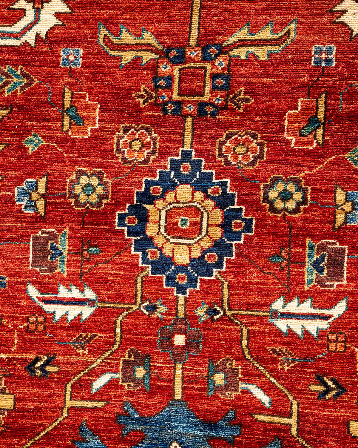 Pakistani Traditional Tribal Hand Knotted Wool Red Area Rug For Sale