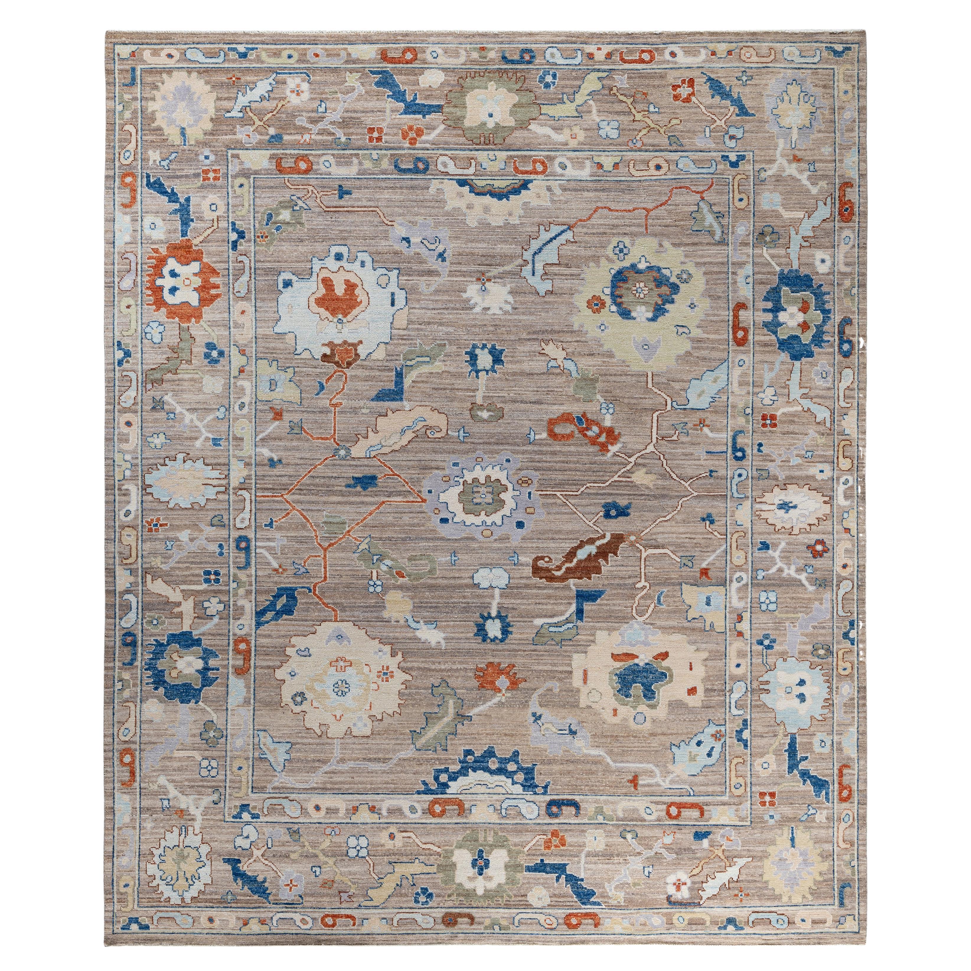 Traditional Tribal Oushak Wool Hand Knotted Beige Area Rug 8' 2" x 9' 9" For Sale