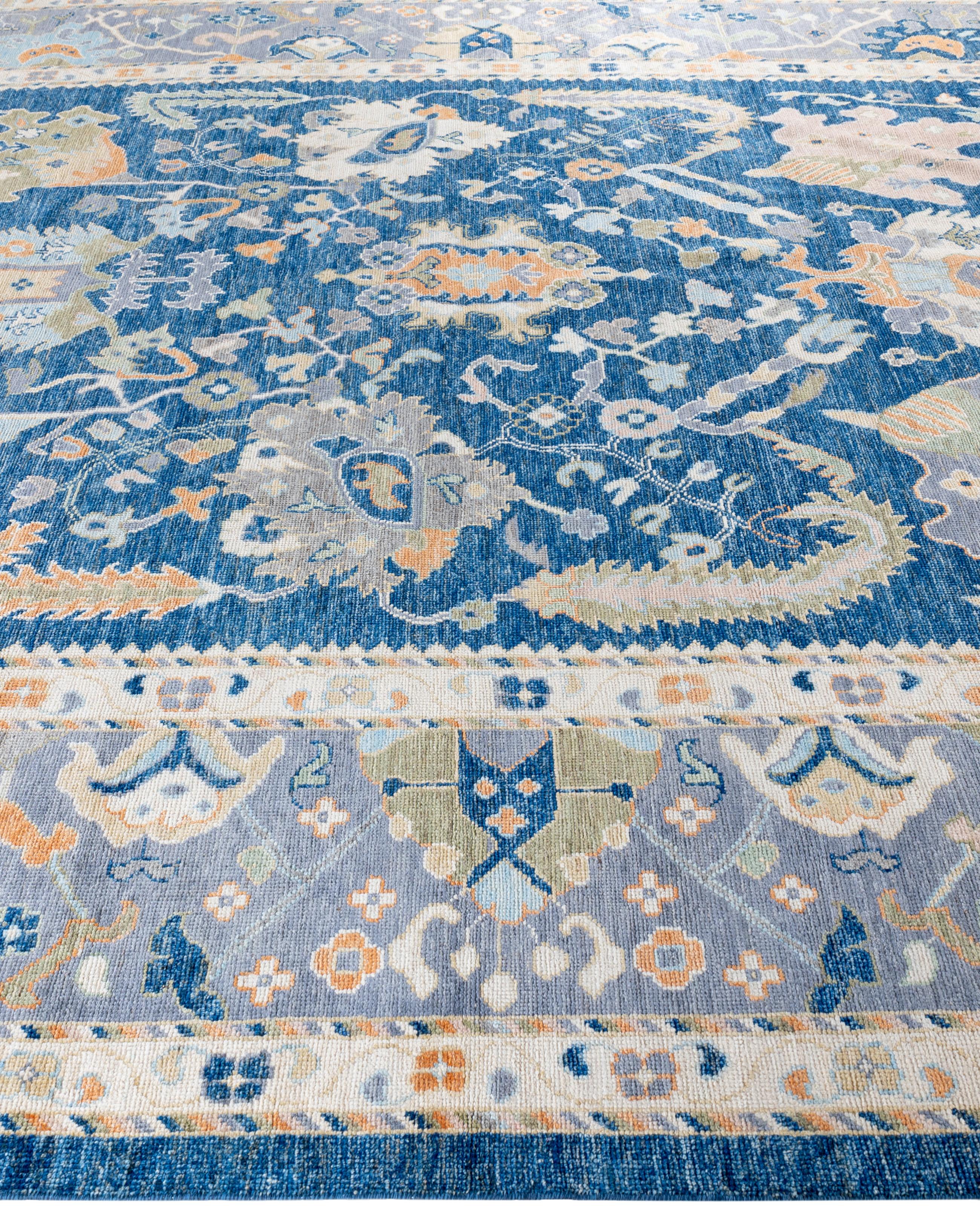 Hand-Knotted Traditional Tribal Oushak Wool Hand Knotted Blue Area Rug 10' 2
