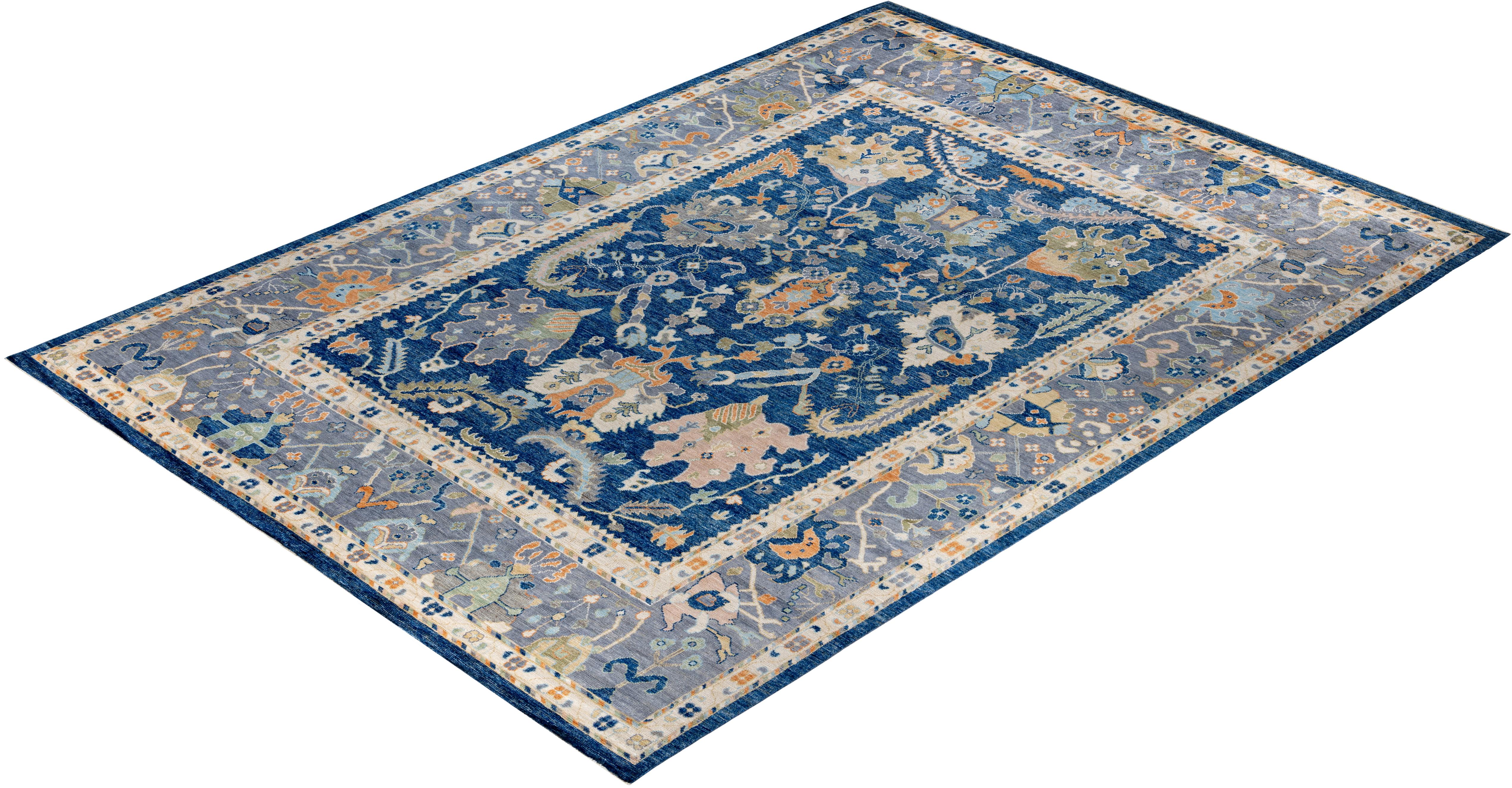 Traditional Tribal Oushak Wool Hand Knotted Blue Area Rug 10' 2