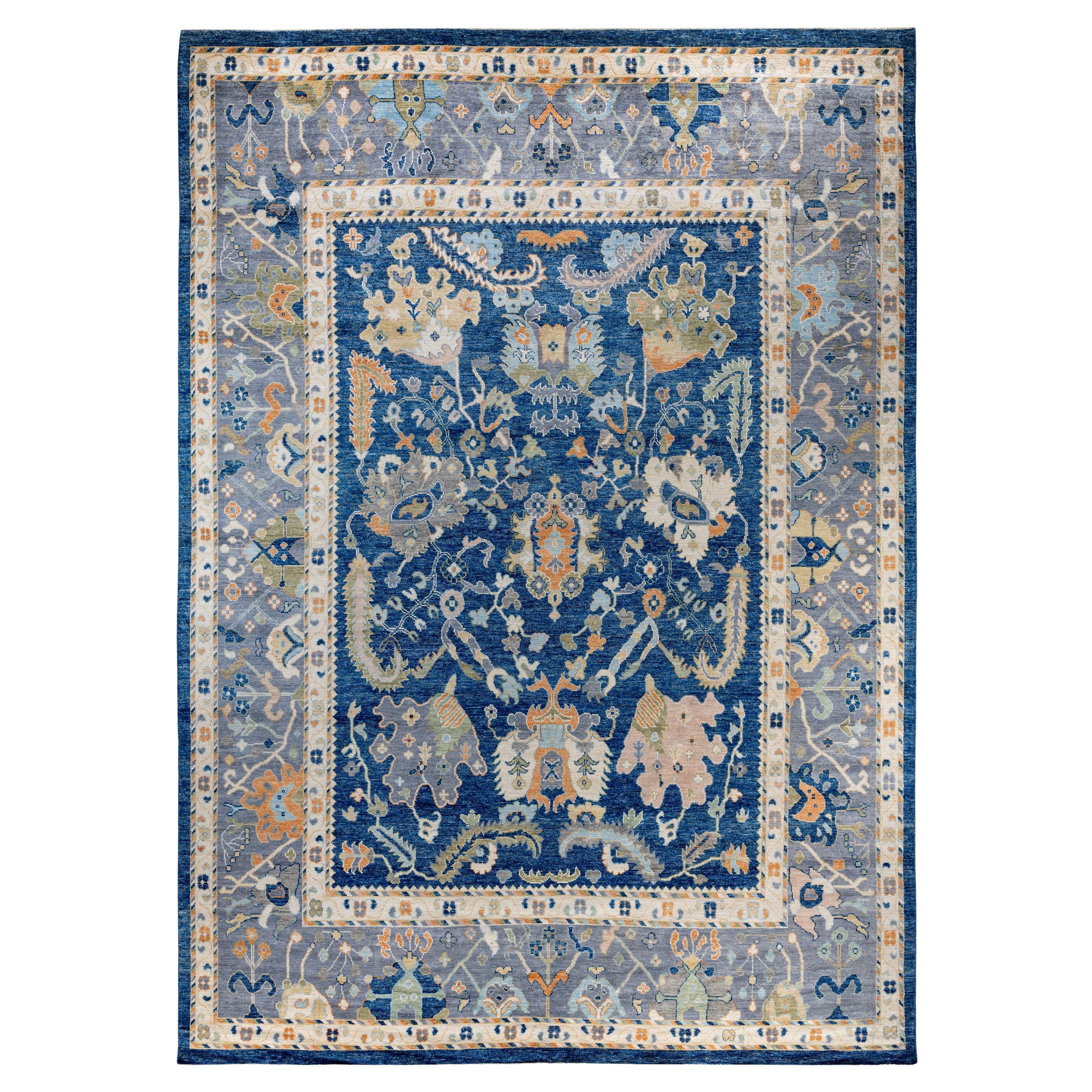Traditional Tribal Oushak Wool Hand Knotted Blue Area Rug 10' 2" x 14' 3" For Sale
