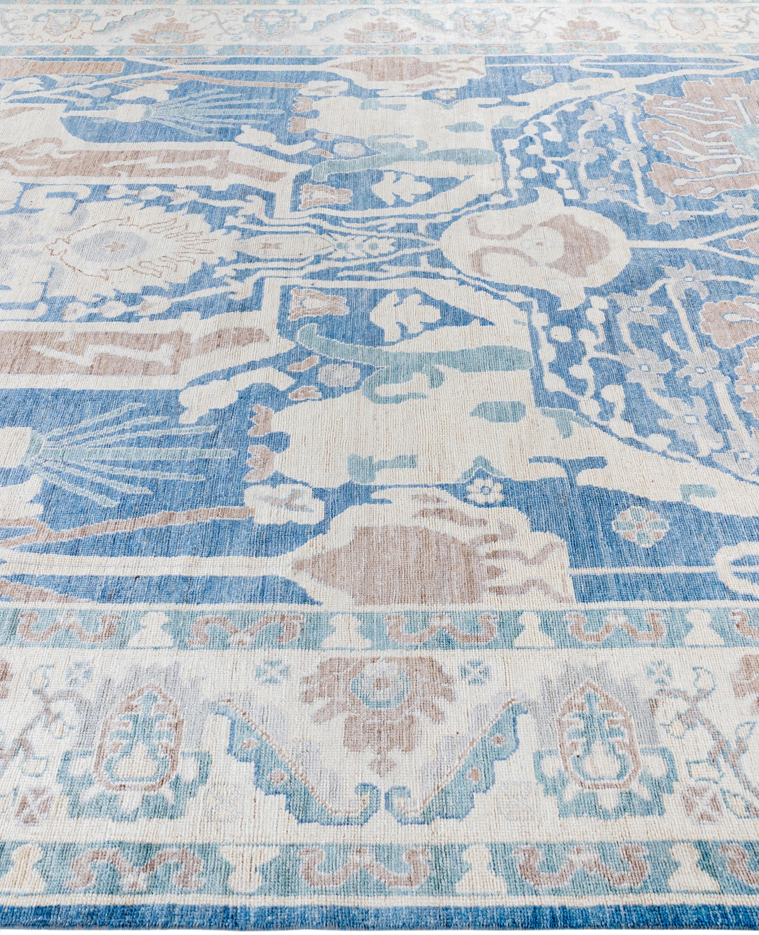 Hand-Knotted Traditional Tribal Oushak Wool Hand Knotted Blue Area Rug 9' 0