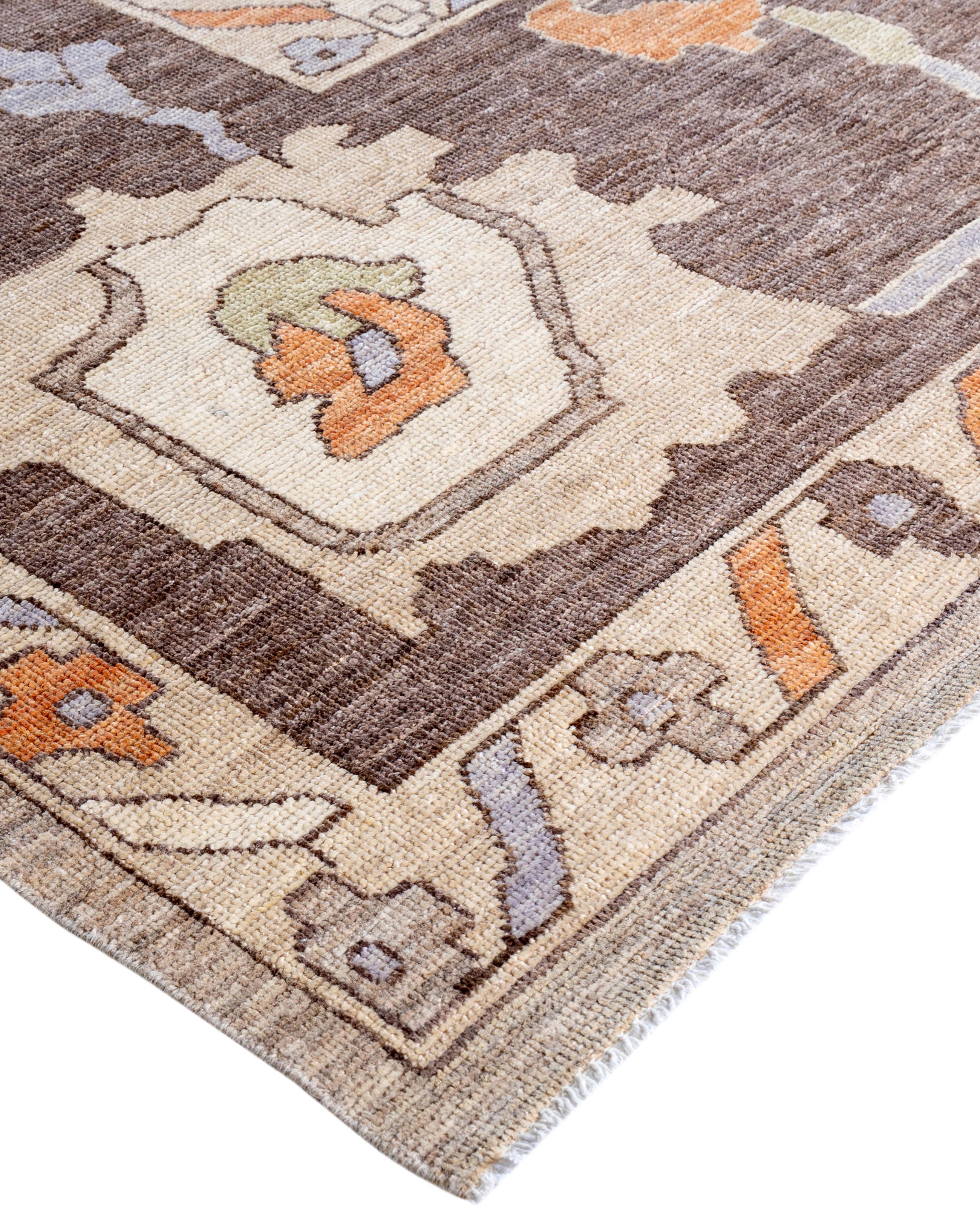 Oushak rugs are known for their soft, muted color palettes and large-scale, flowing designs. They often feature soft tones like beige, cream, gold, and light blue, with motifs that include palmettes, vines, and geometric shapes. These rugs are