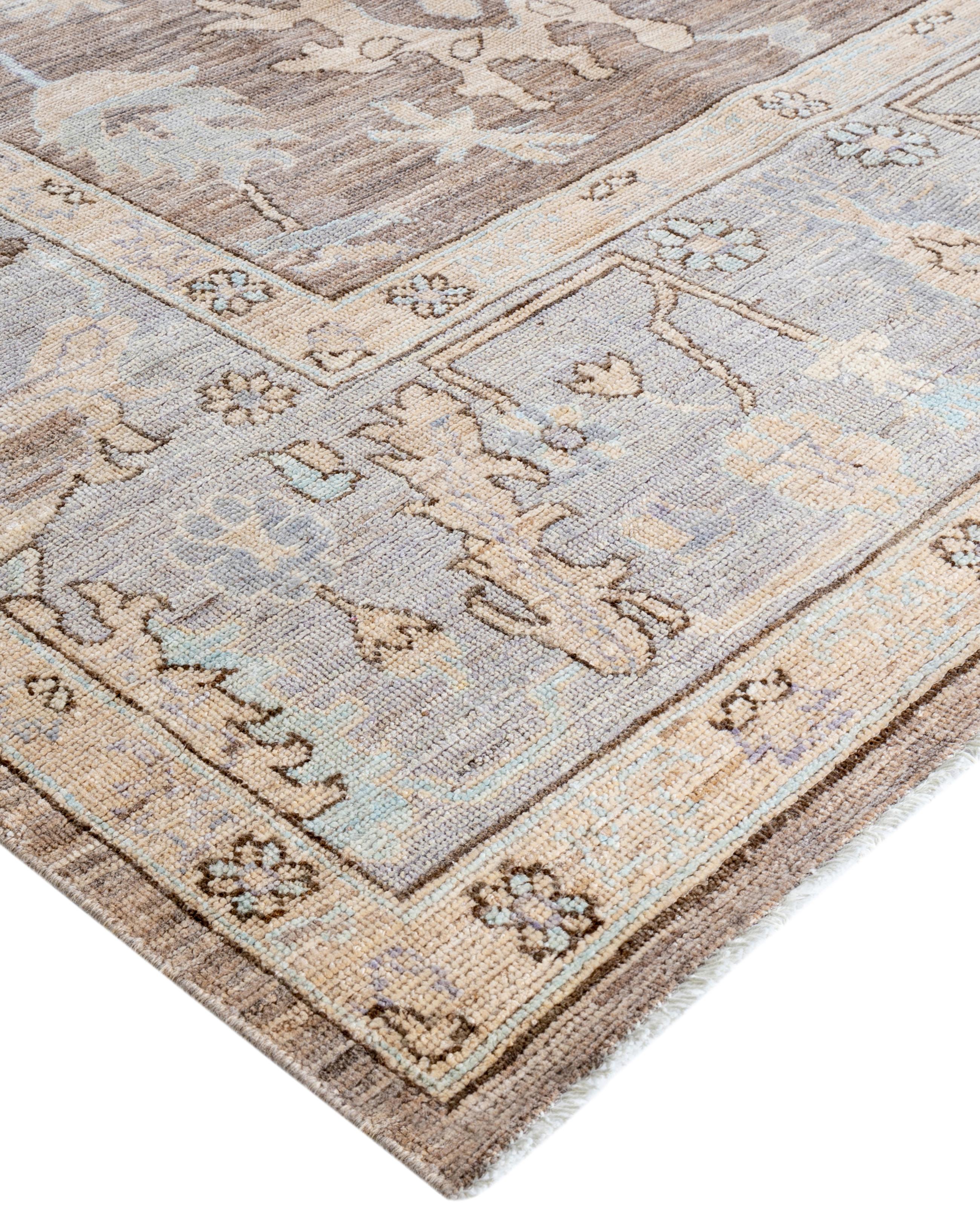 Oushak rugs are known for their soft, muted color palettes and large-scale, flowing designs. They often feature soft tones like beige, cream, gold, and light blue, with motifs that include palmettes, vines, and geometric shapes. These rugs are