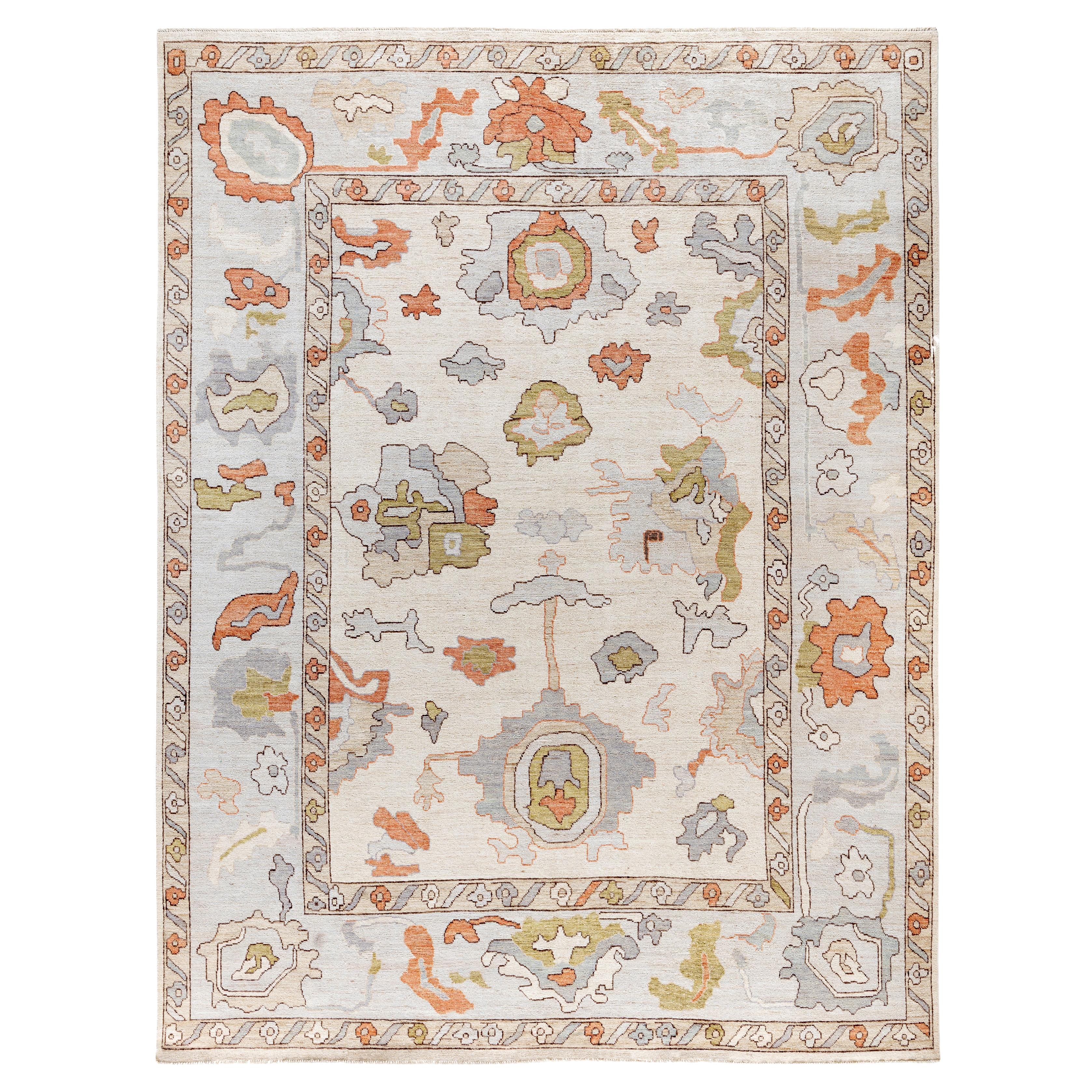 Traditional Tribal Oushak Wool Hand Knotted Ivory Area Rug 9' 2" x 11' 11" For Sale